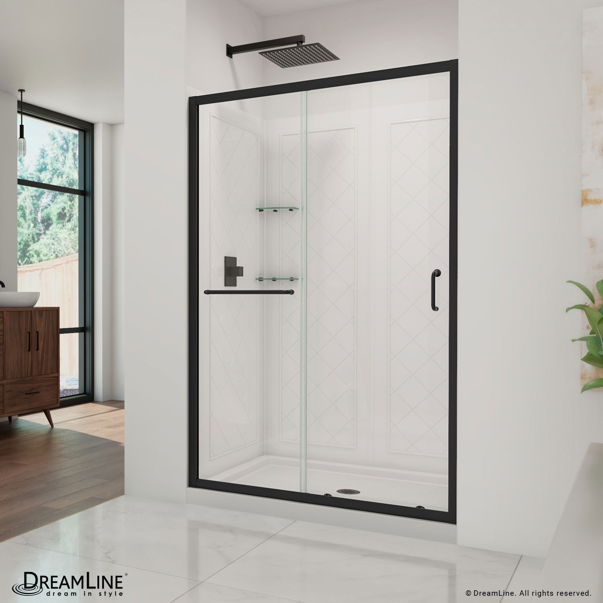 DreamLine DL-6107-CLC-09 Infinity-Z 3 -Piece 48-in W x 36-in L x 77-in H Rectangular Alcove shower kit ( Center Drain) Base, Wall, Door Black Hardware Included