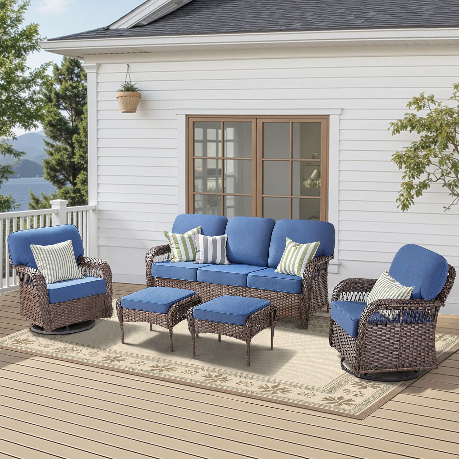GZMR Wicker Outdoor Conversation Set with High Back Swivel Rocker Chairs 5 -Piece Wicker Patio Conversation Set with Blue Cushions Included