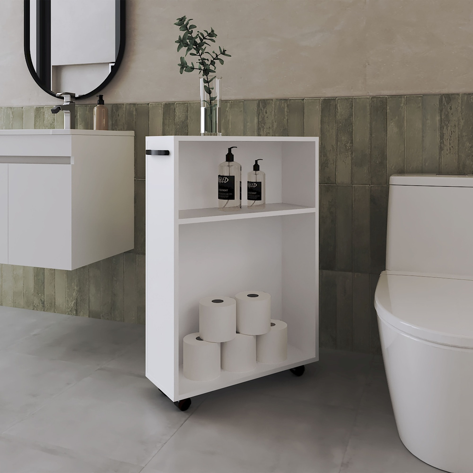 IAK 20 inch W x 9 inch D x 10 inch H White Particle Board Rolling Storage Cart with Two Open Shelves