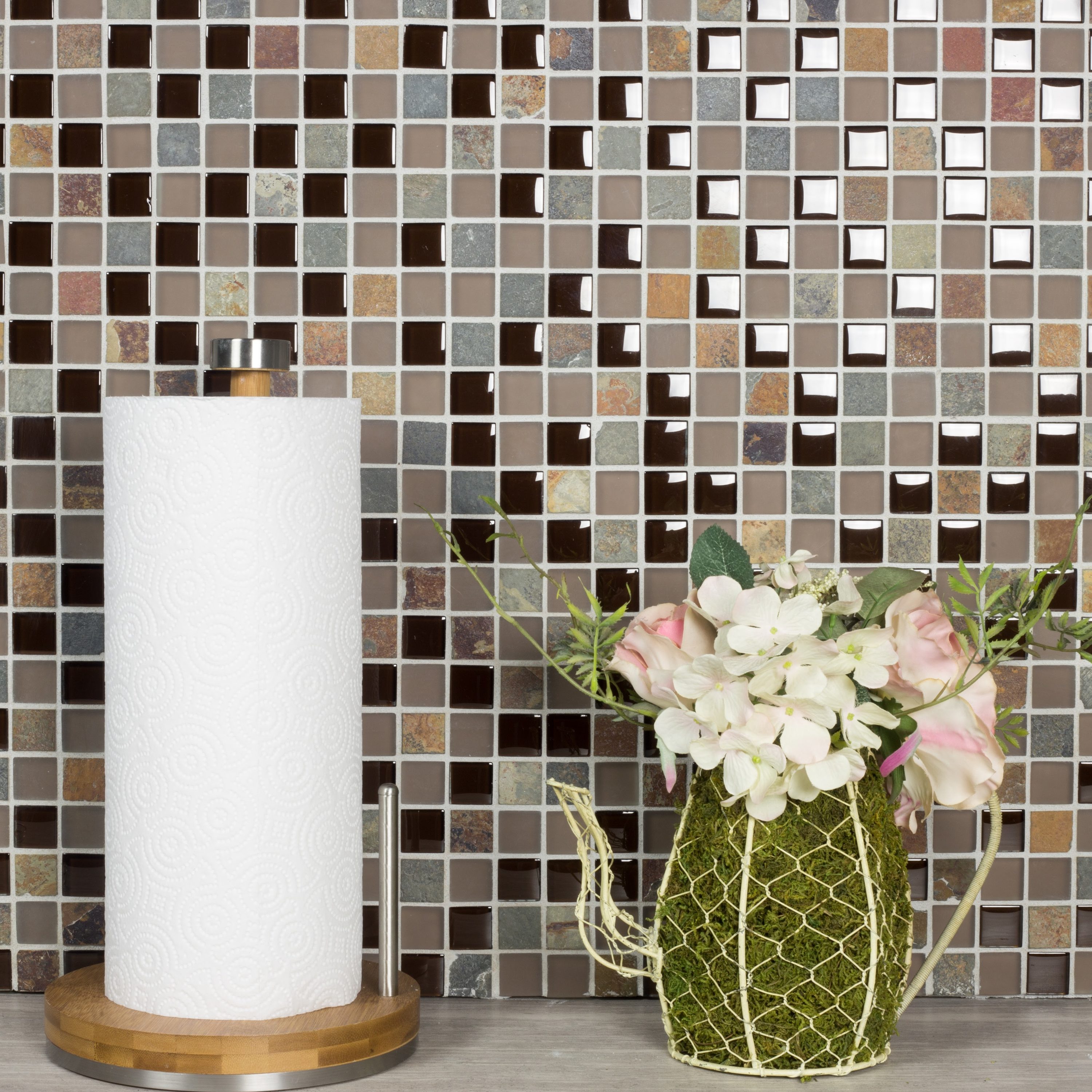 Abolos LWSMIN0101-MU Mineral MULTI Brown 12-in x 12-in Glossy Glass Stone look Mosaic Floor and Wall Tile ( 10.78-sq ft Carton )