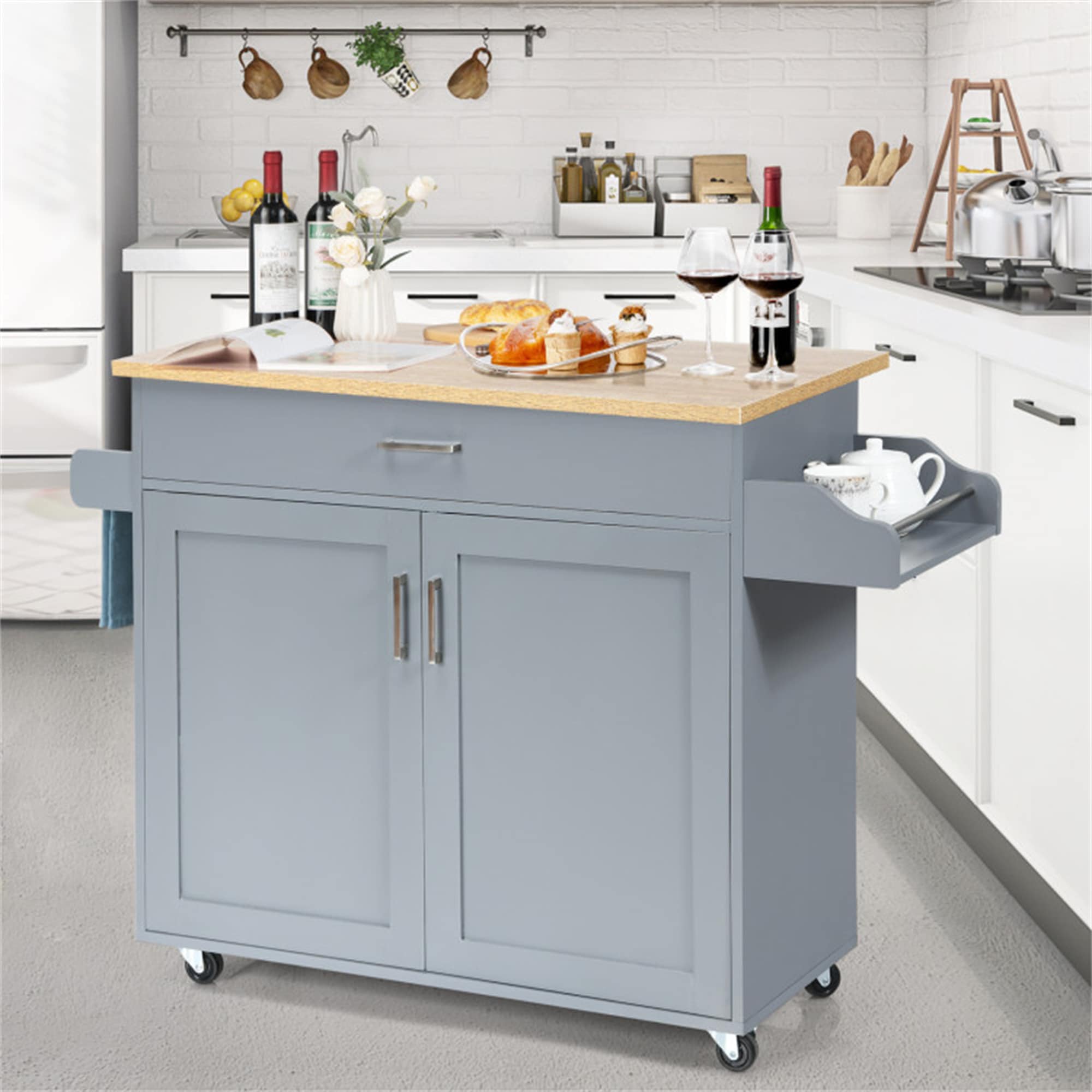 BABOOM BOM-9362AAW-OR Gray MDF Base with Wood Wood Top Rolling Kitchen Island ( 16-Inches x 45.5-Inches x 33.5-Inches )