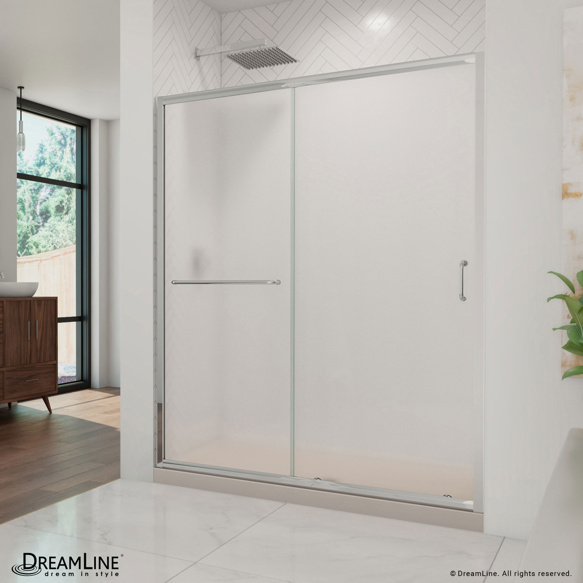 DreamLine DL-6970C-22-01F Infinity-Z 2 -Piece 60-in W x 30-in L x 75-in H Rectangular Alcove shower kit ( Center Drain) Base and Door Included Chrome Hardware Included