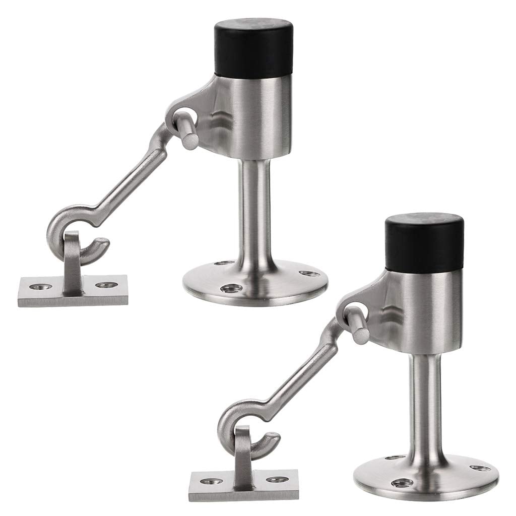 UUDULY  Stainless Steel Door Stopper with Hook Wall Mounted Door Holder with Rubber Bumper Brushed Finish 3.5 Inch Height Set of Two