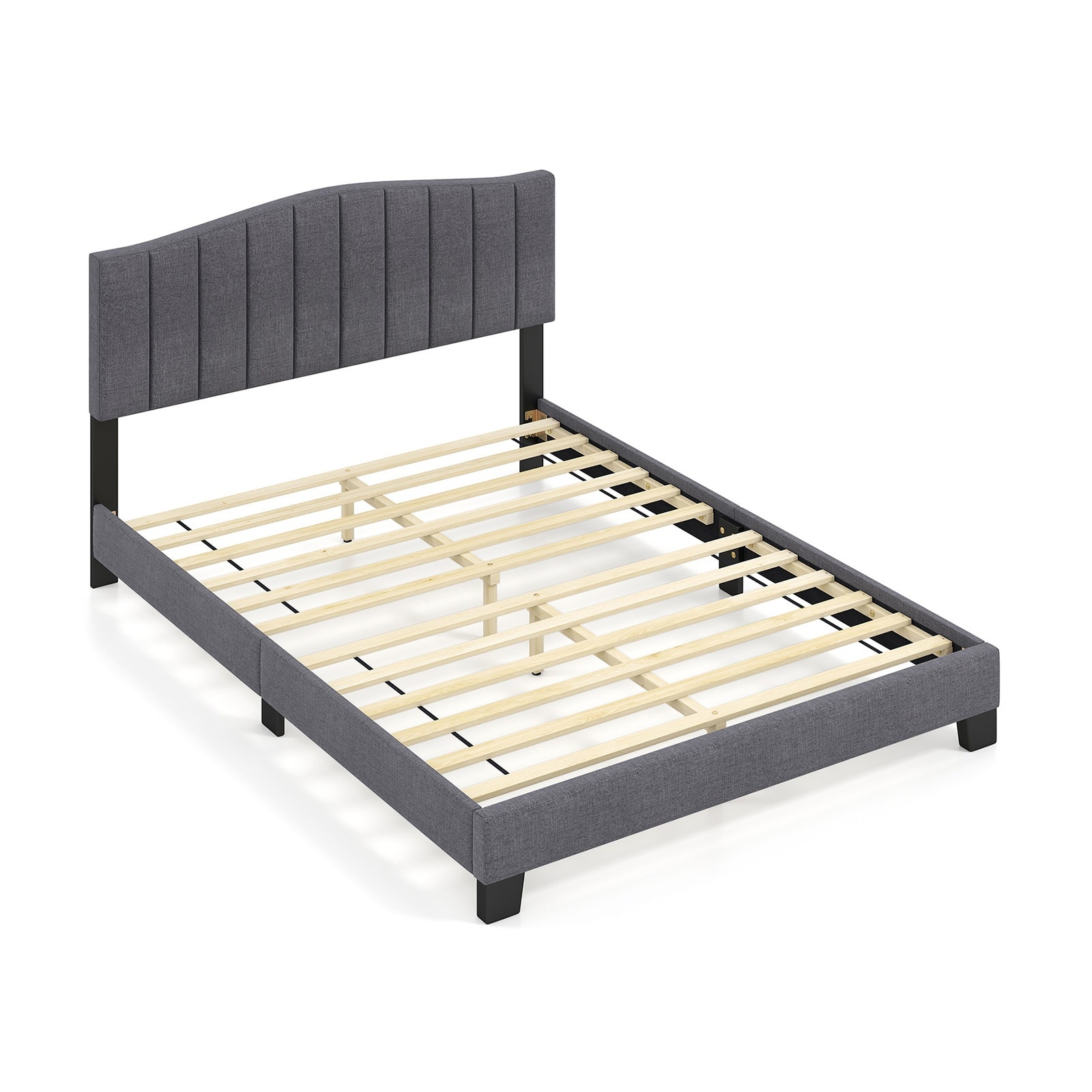 Slickblue Upholstered Linen Fabric Platform Bed Frame with Tufted Headboard Adjustable Height 12 LVL Slat Support Center Legs - Gray and Black - Queen Size