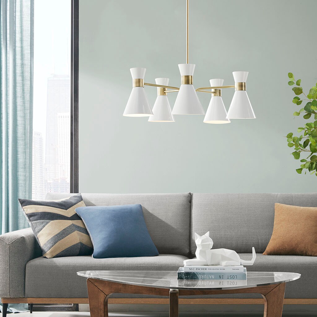 Ezra Mid-Century 5-Light Chandelier in Antique Brass with White Shades