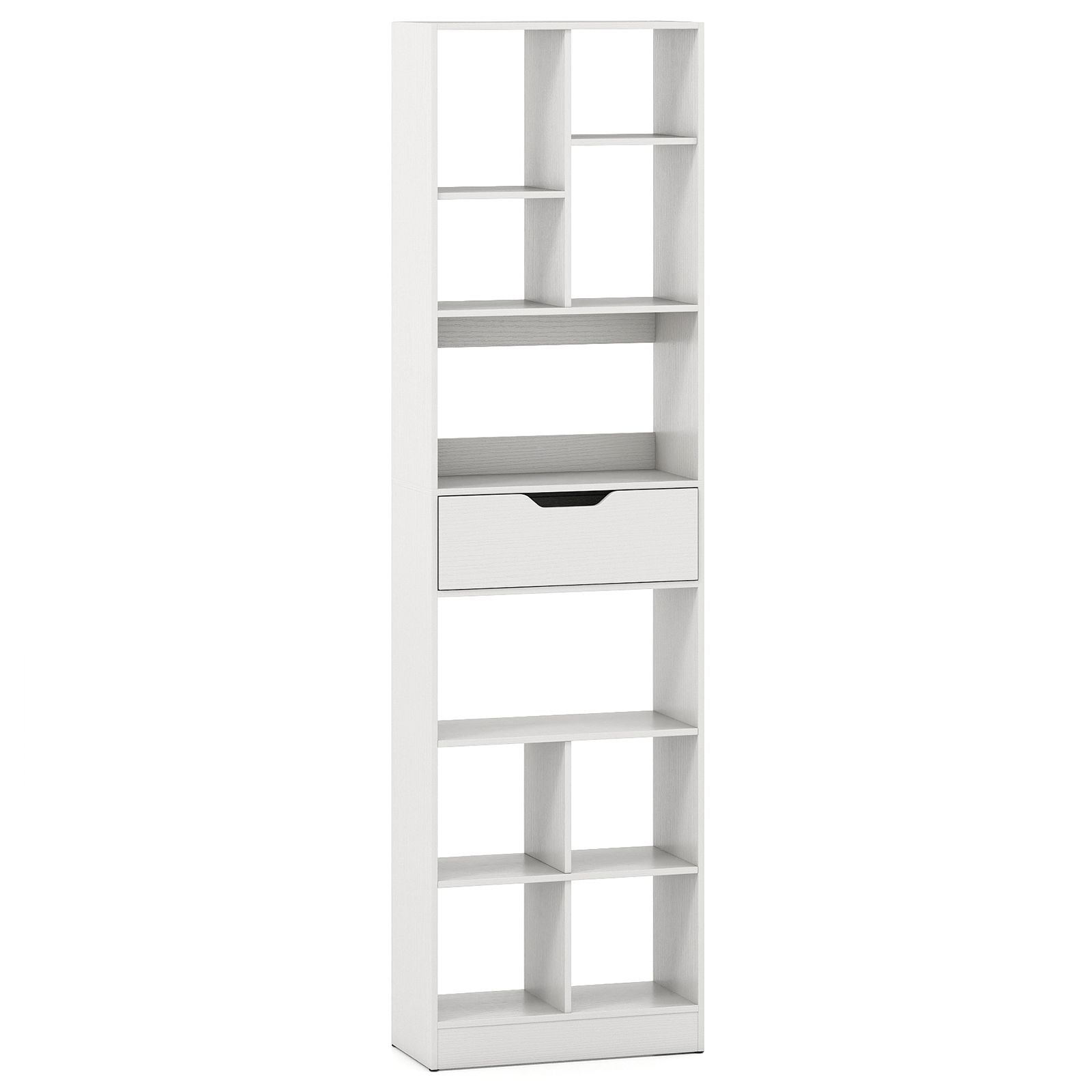 Slickblue Tall Cube Storage Organizer Bookcase (20 W x 71 H x 9.5 D) Natural/White Engineered Wood and MDF 7 Shelf Freestanding Bookcase for Living Room Entryway or Office