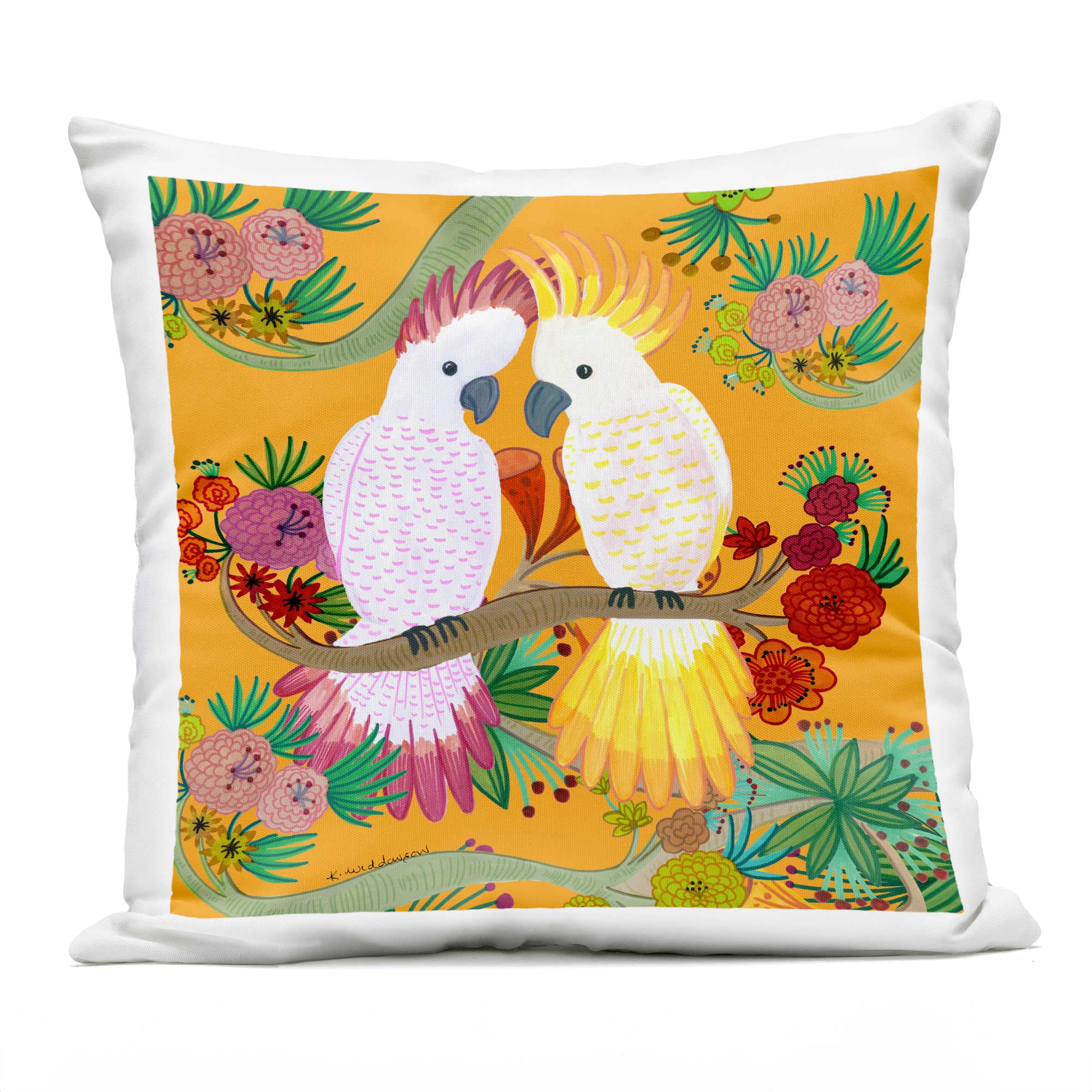 Stupell Industries PLO-919-OSQ-18X18 Bright Cockatoos and Foliage Outdoor Printed Pillow Design by Kay Widdowson