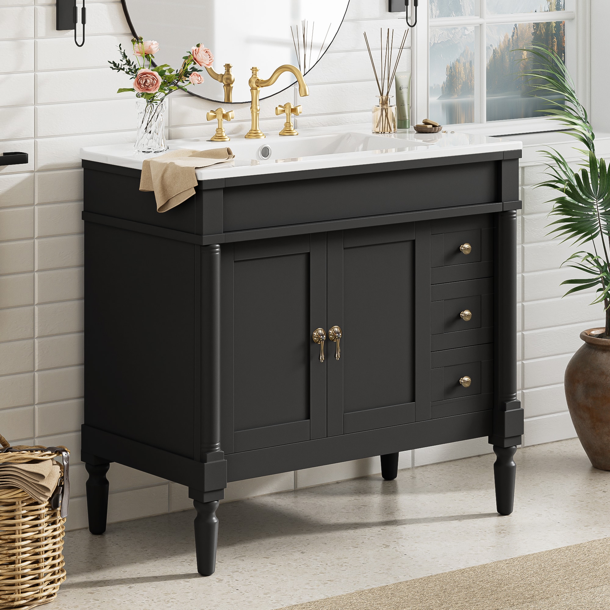 Hrinhom Assembly Required 35.9-in Black Undermount Single Sink Bathroom Vanity with White Wood Top one_size | BA47-BLACK