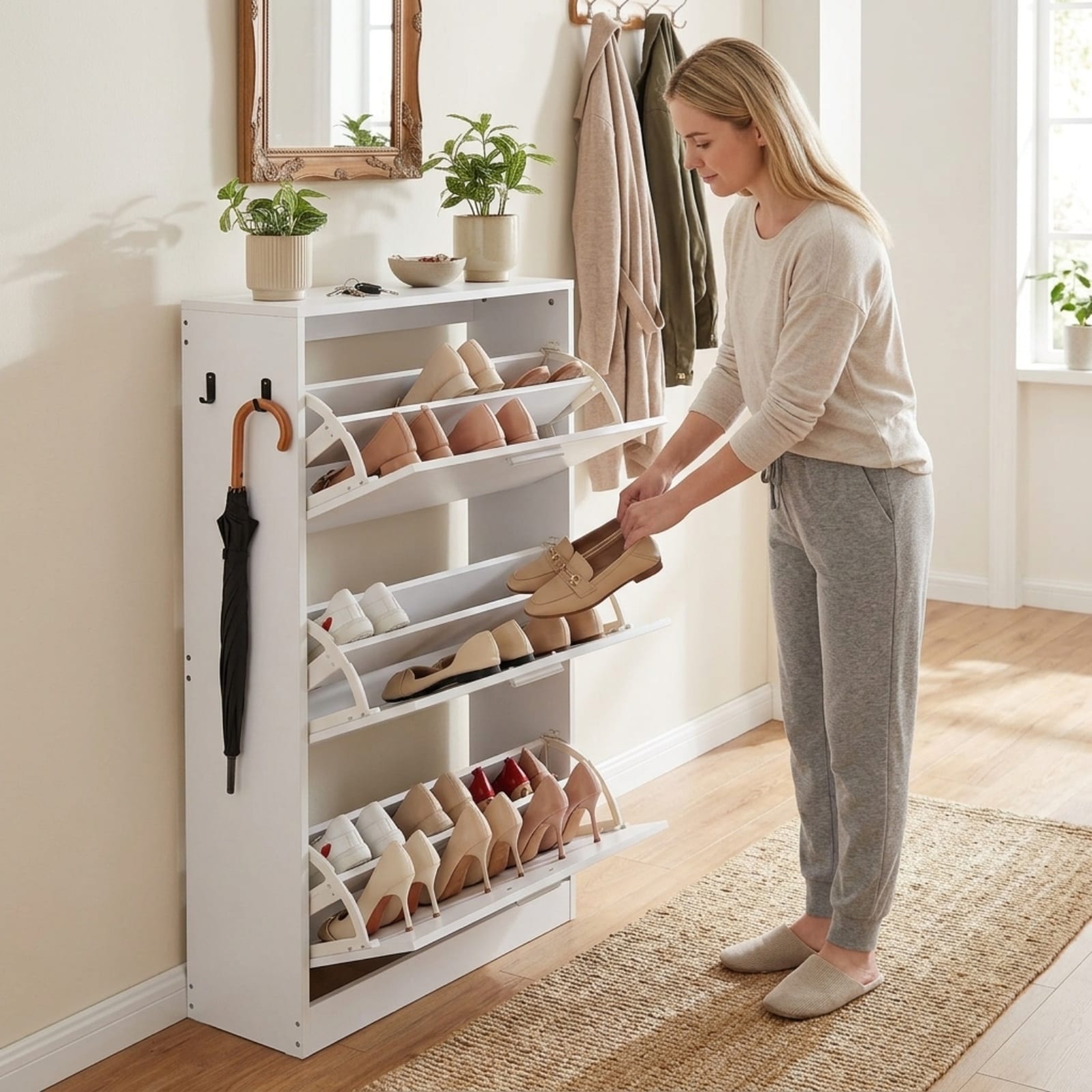 GIVIMO 47.24-in H White P2 Chipboard 3 Flip-Open Drawer Free Standing Narrow Shoe Storage Cabinet Organizer Anti-Tip with Side Hooks and Aluminum Alloy Handles