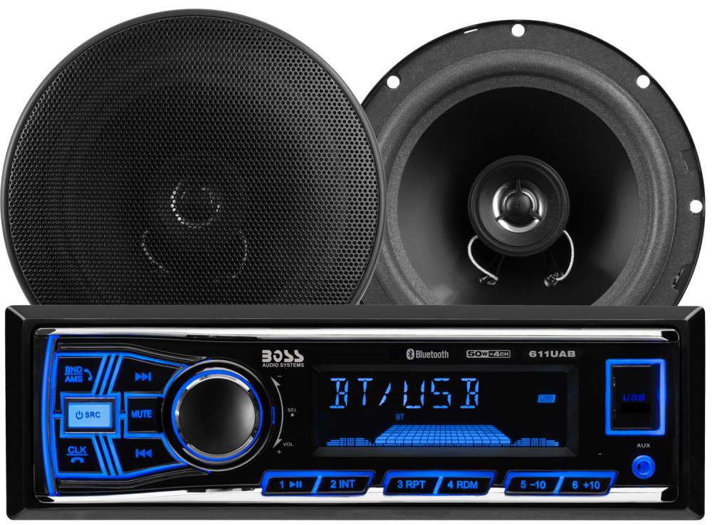 Boss Audio Systems PACKAGE INCLUDES: 611UAB – BLUETOOTH® In-dash Single-DIN MP3-Compatible Digital Media, AM/FM Receiver PLUS – One Pair 6.5” -  638BCK