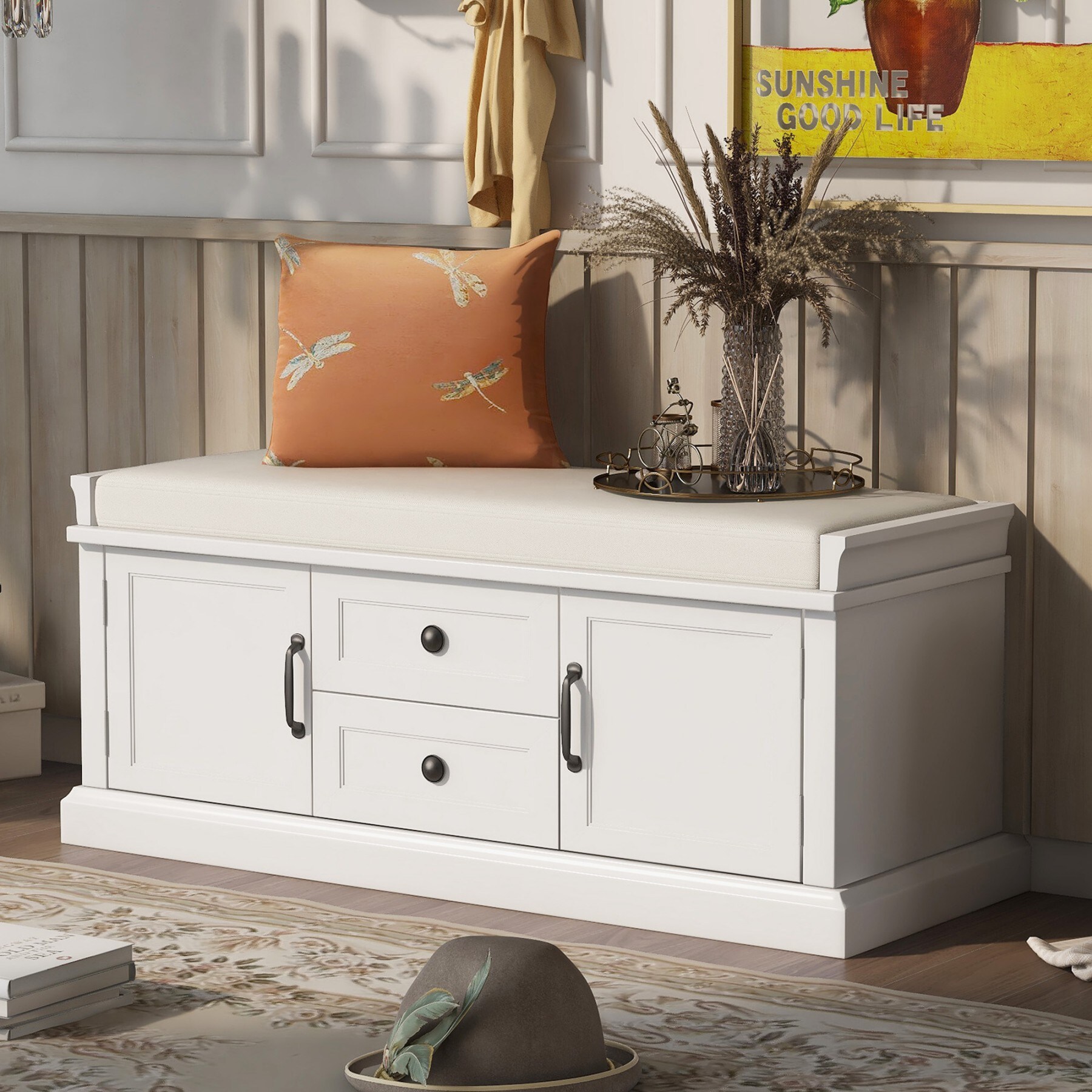 Dexmalle WF288172AAK White Storage Bench with Drawers and Cabinets 42.5-in x 15.9-in x 17.5-in