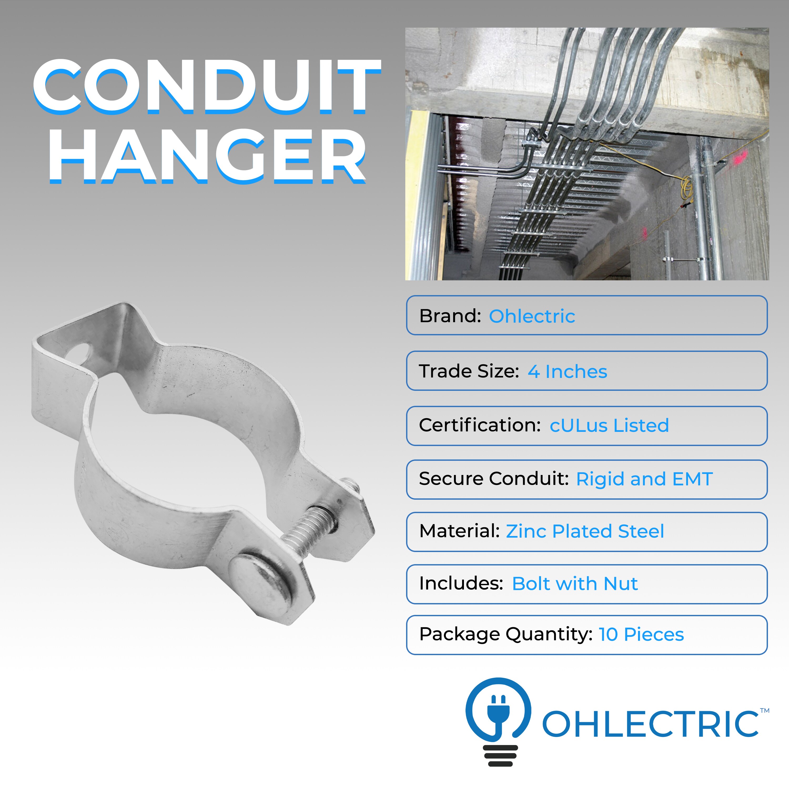OHLECTRIC 10 Pack Zinc Plated Steel 4 Inch inch EMT Conduit Hanger with ...