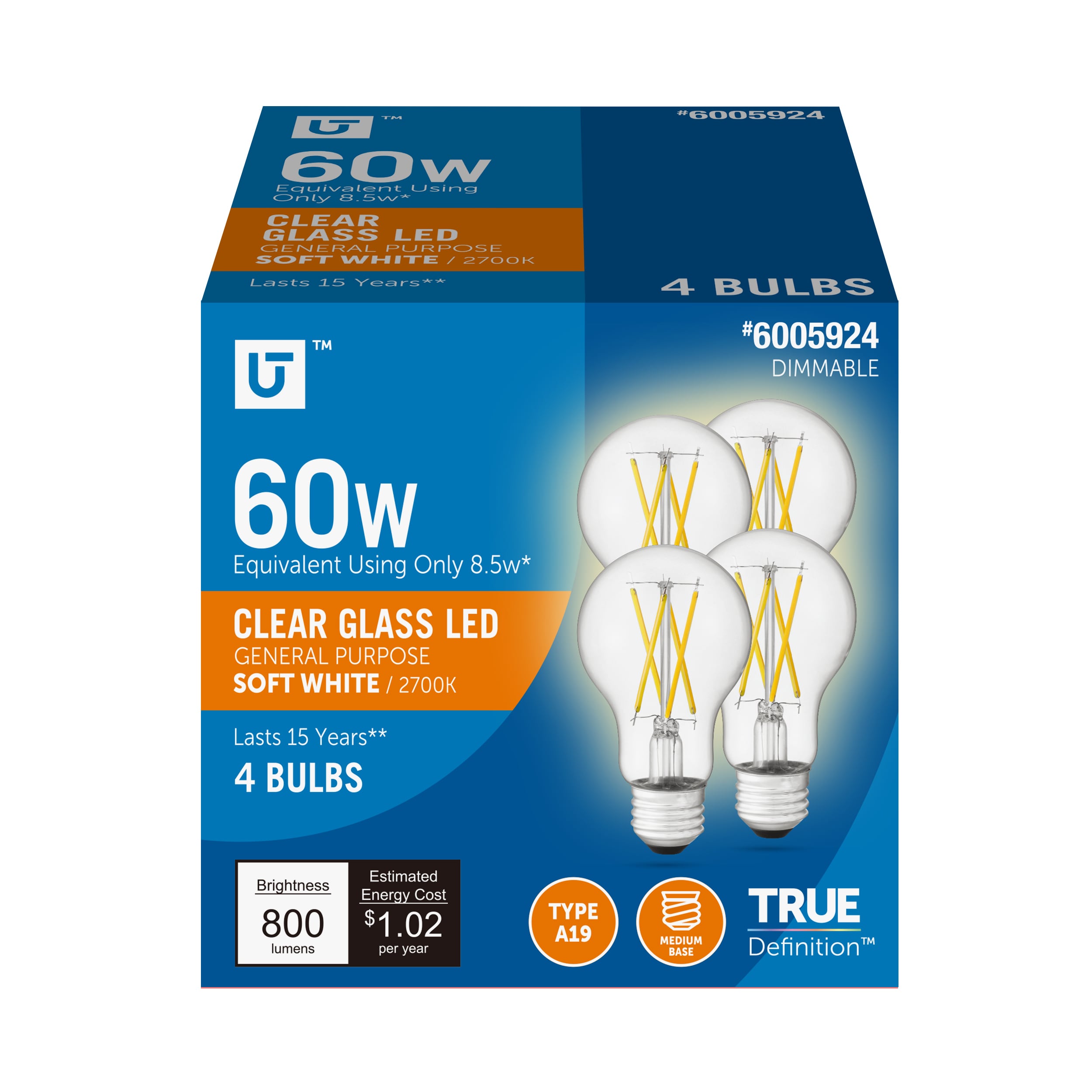 Utilitech 5A19DG8.5WCL27K4P 60 -Watt EQ A19 Soft white Screw bases Dimmable LED General purpose Light Bulb 4 -Pack