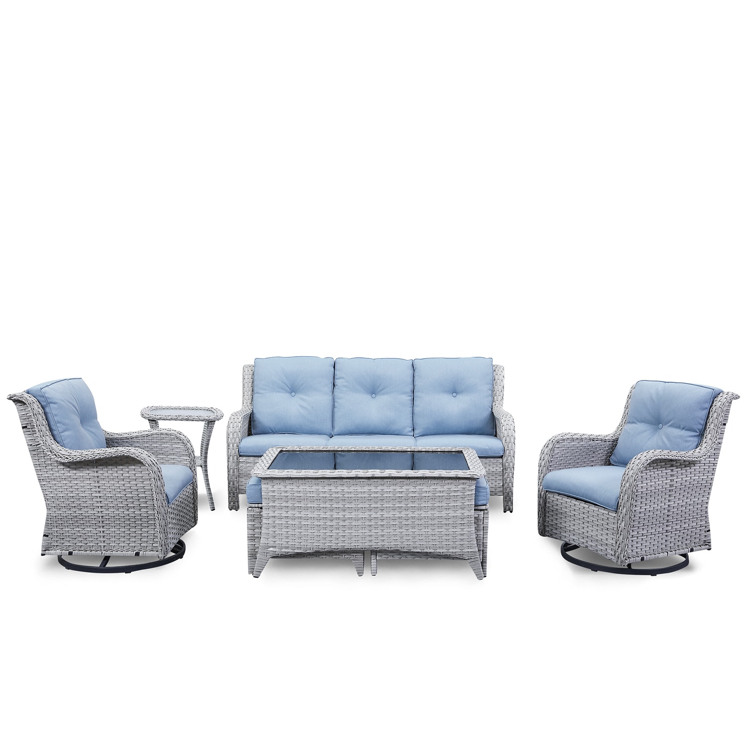 Rilyson FS71077074075072-BB Curved Handrail 7 -Piece Wicker Patio Sofa Conversation Set with Blue Cushions