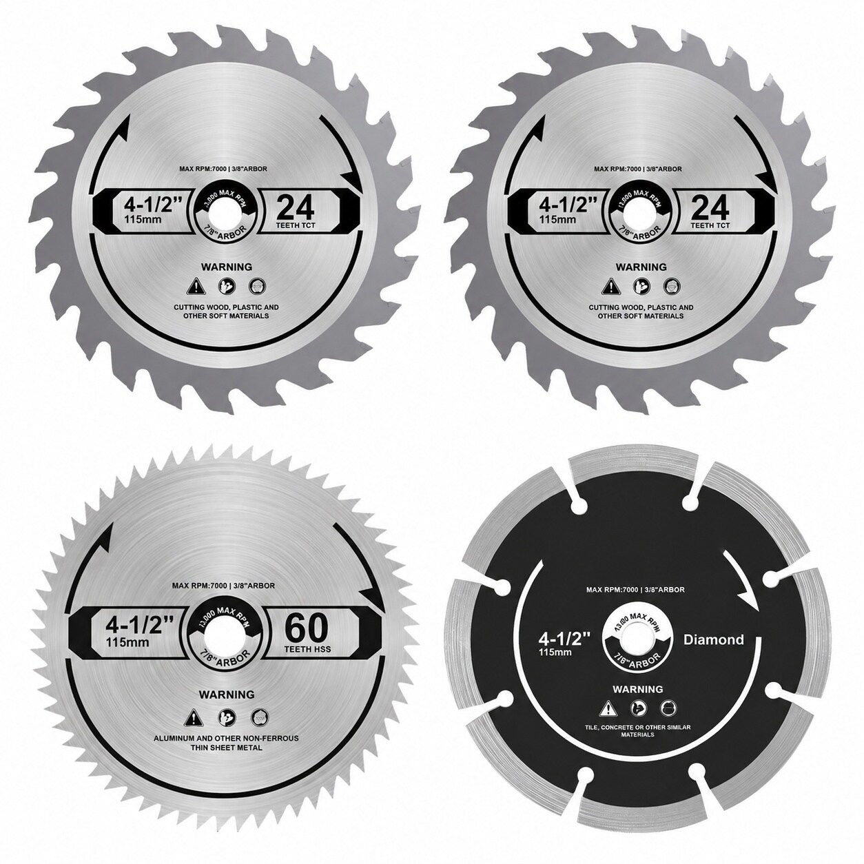 Etokfoks  4 5 in compact circular saw blade set 4 piece TCT HSS and diamond blades with 3 8 in arbor 4 1 2 Inch