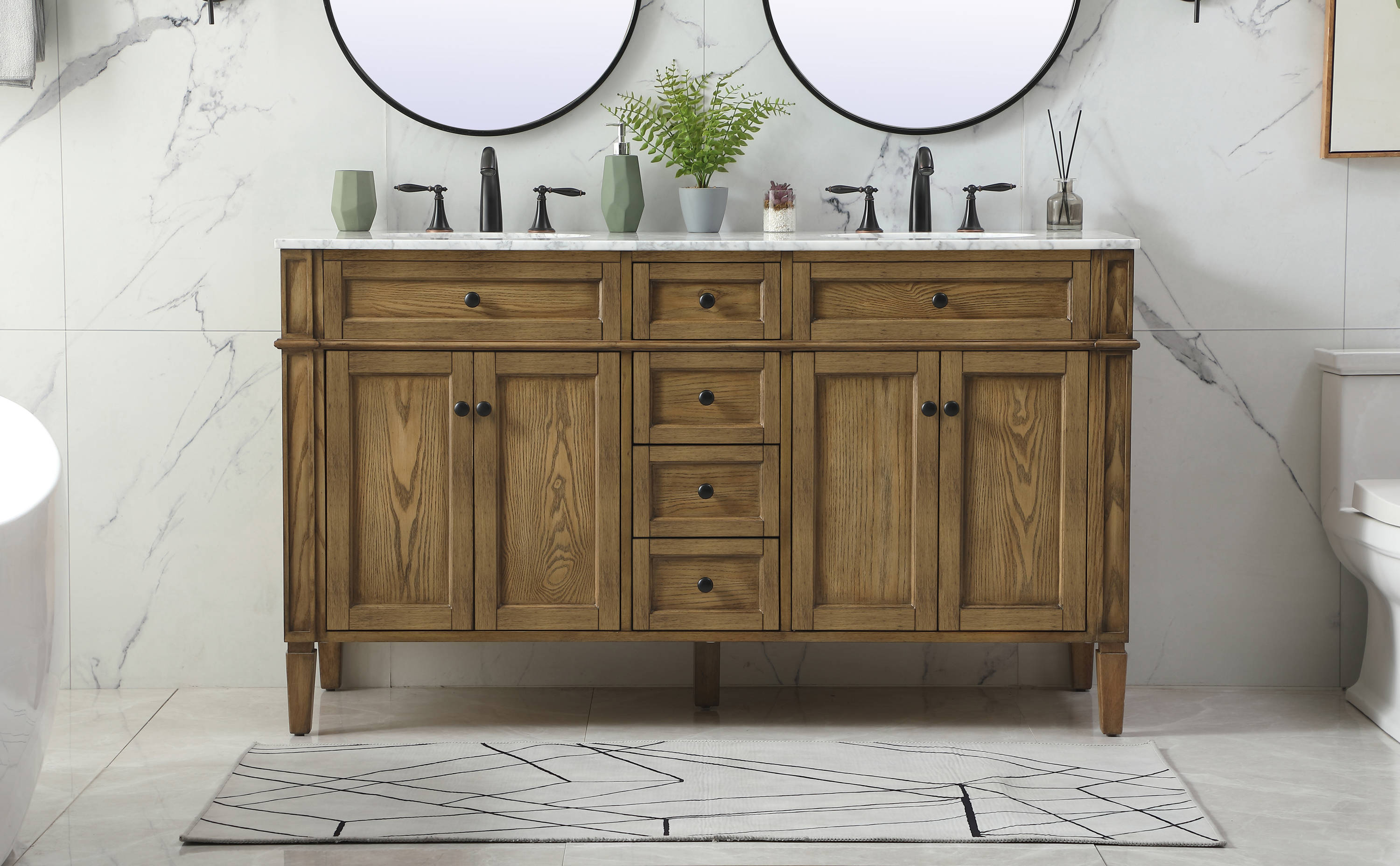 Elegant Decor HF37680DDW Home Furnishing 60-in Driftwood Undermount Double sink Bathroom Vanity with Carrara White Marble Top