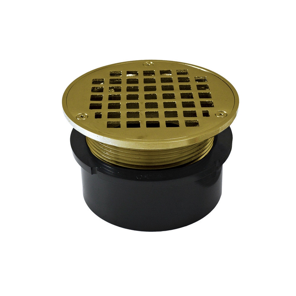 Jones Stephens D53008 Hub Fit ABS with Metal Spud  4-in Polished Brass Round Square holes Brass Floor drain