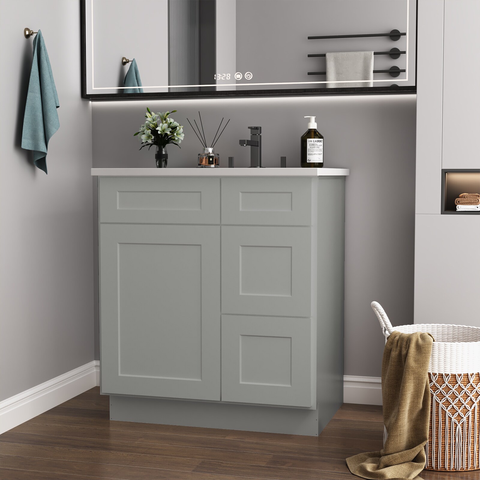 LOVMOR 30x21x35 Inch Shaker Grey Plywood Ready to Assemble Floor Vanity Sink Base Kitchen Cabinet Right Door