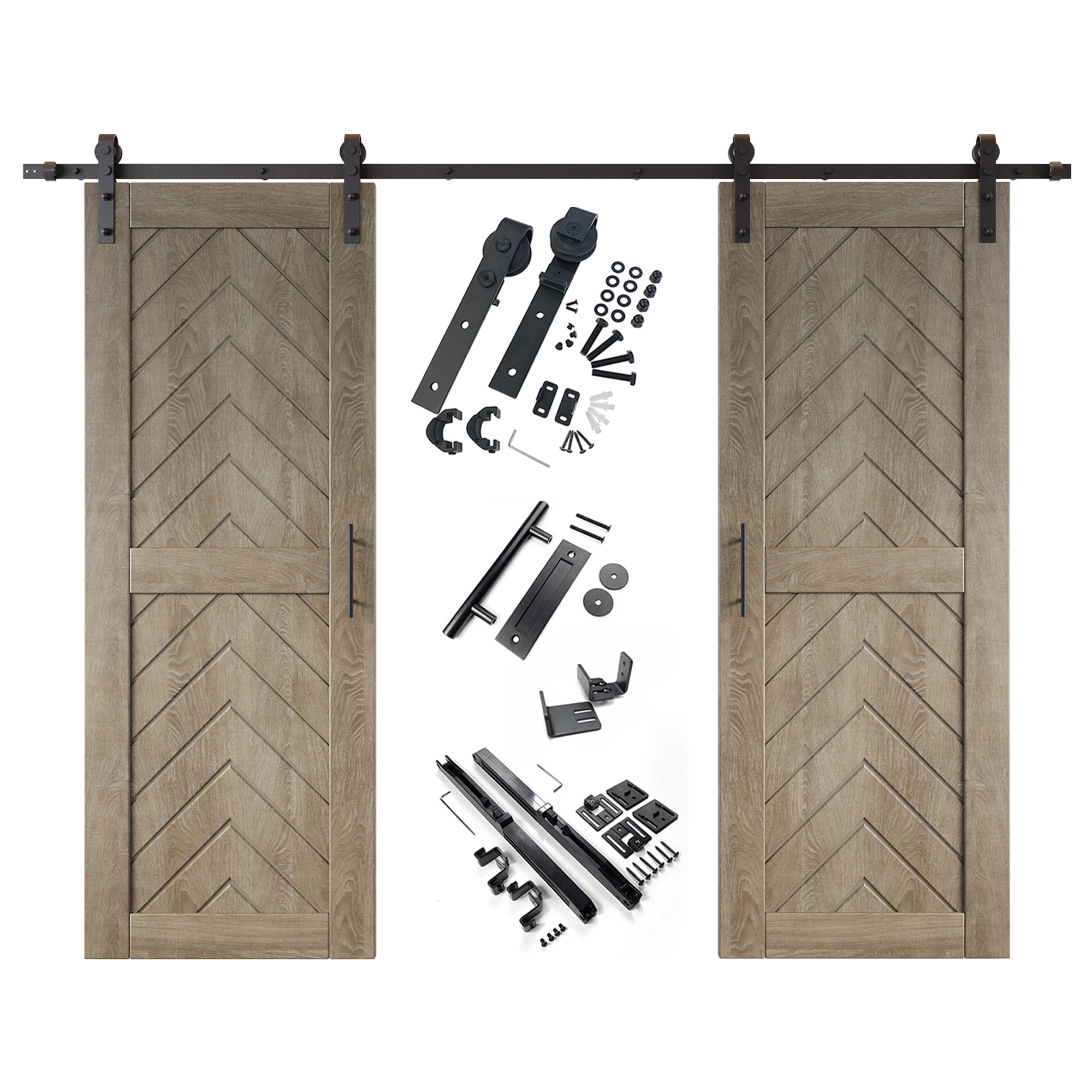 HOMACER YT2H132C-JT1-3080-GR 30-in x 80-in Classic Gray Herringbone Pine Wood Solid core Double Barn Door (Hardware Included)
