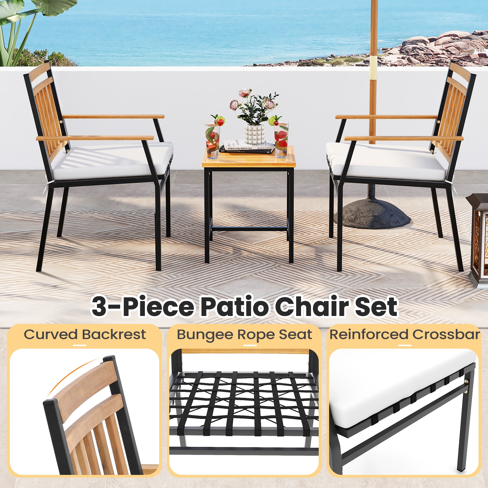 Acacia Wood and Metal 3-Piece Patio Set with Off-White Cushions