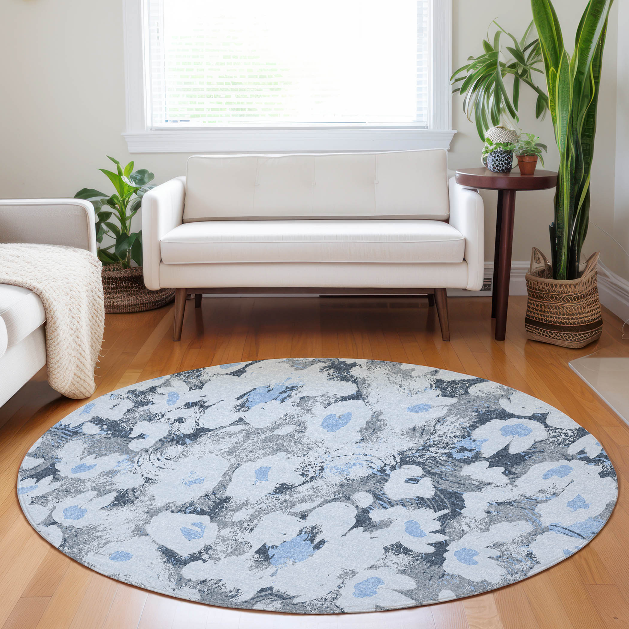 Addison Rugs ACN538DN8RO Chantille 8 x 8 (ft) Polyester Denim Round Indoor/Outdoor Floral/Botanical Farmhouse/Cottage Machine washable Area rug