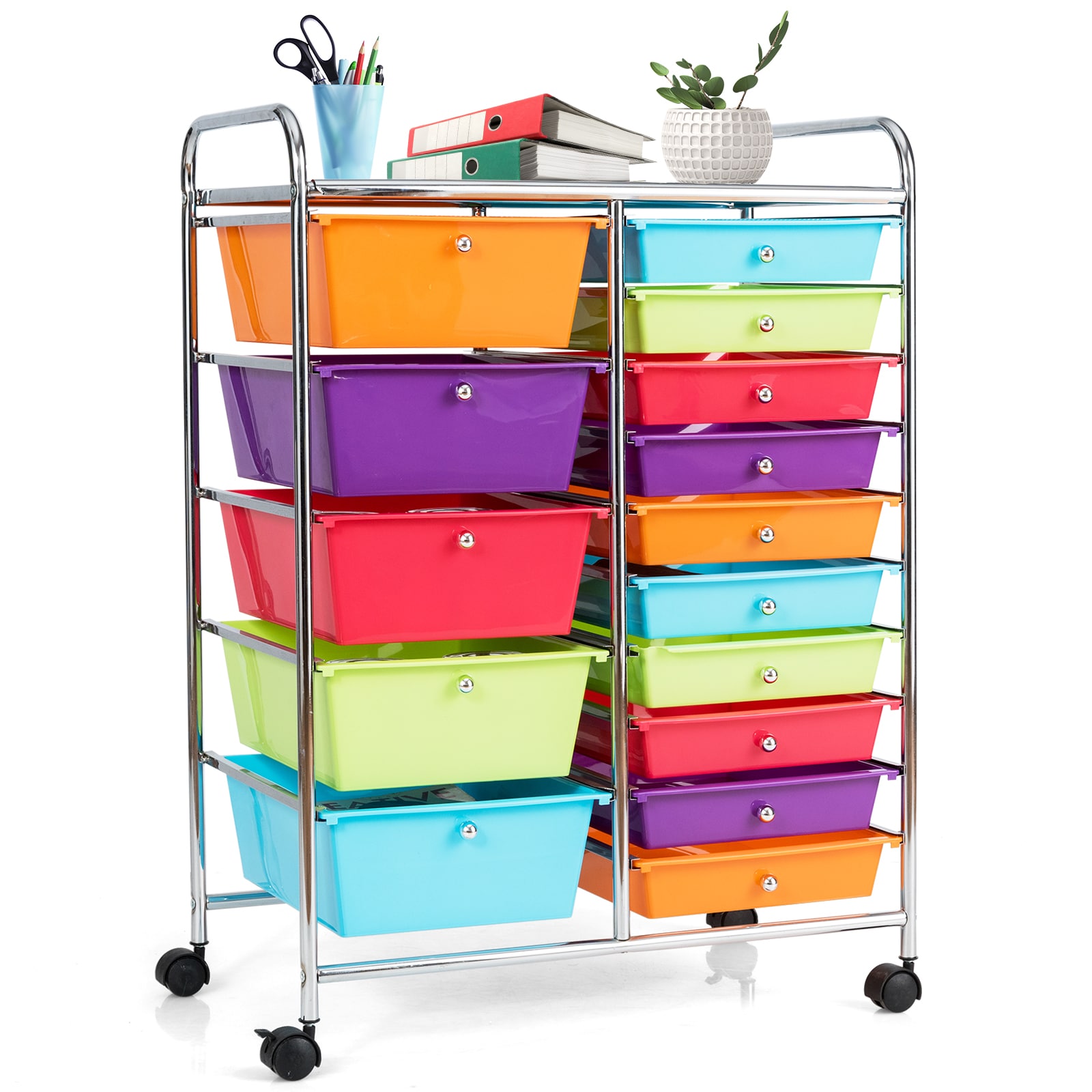 Slickblue D-CO-TM52835WH Silver/ White Finish Frame 15-Drawer- Five Large and Ten Small Drawer- Rolling Storage Cart with Plastic Drawers for Office or Craft Room 25L x 14.5W x 34.5H- Available in Multiple Colors