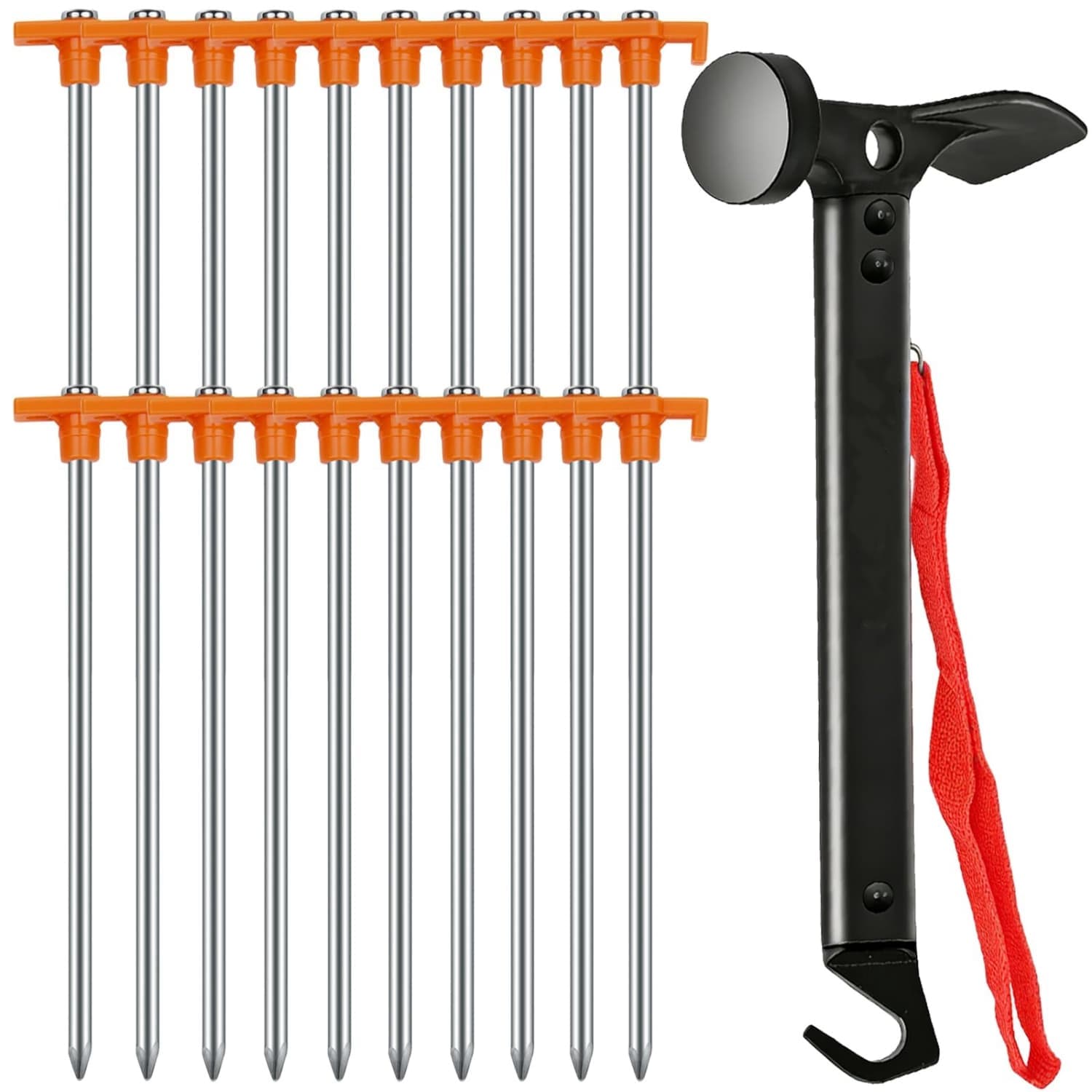 Angel Sar 7.1in L 20-Piece Non-Rust Black Tent Stakes and 11.8in L Heavy Duty Aluminum Hammer Camping Accessories Set