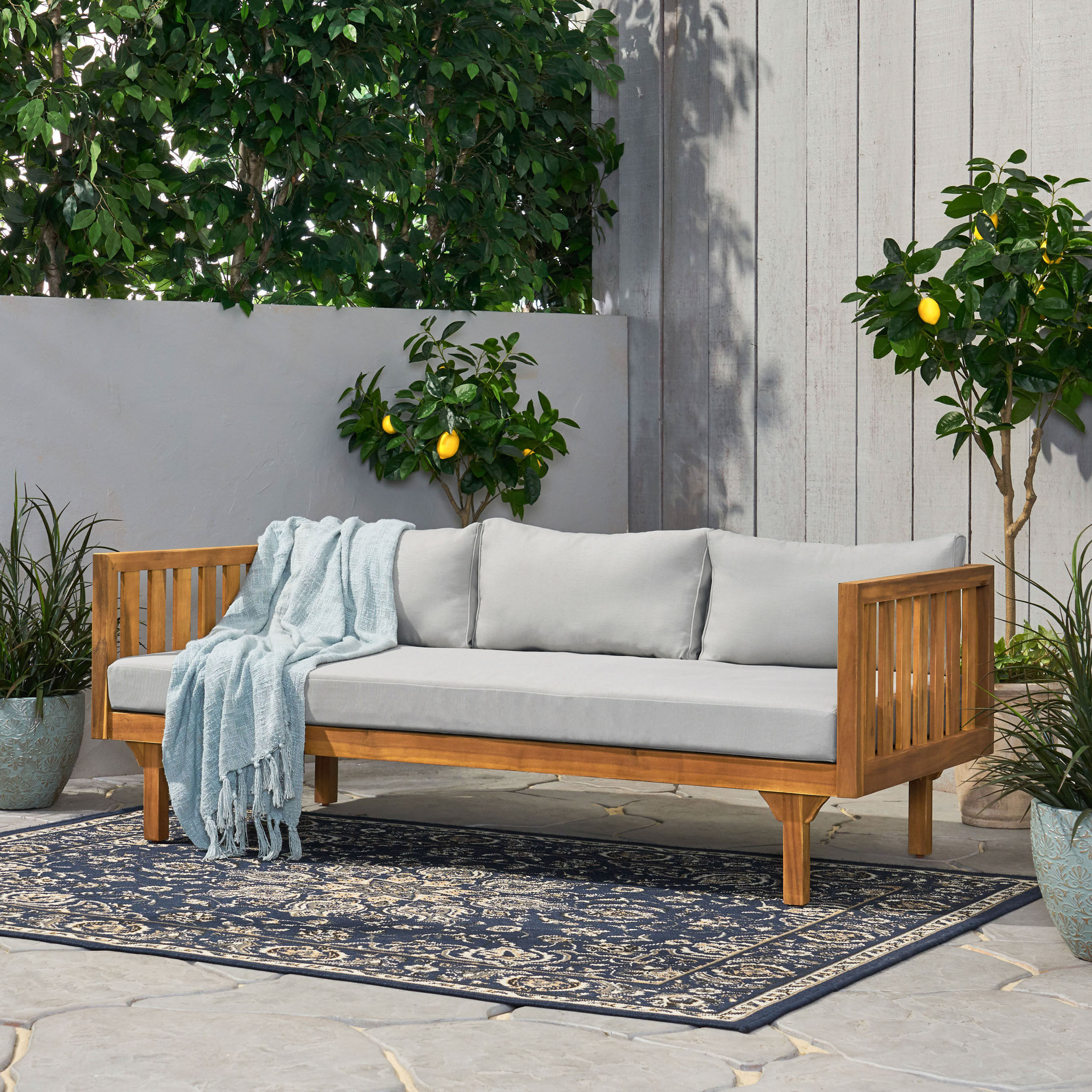 ModernLuxe L-66327.00BGE CLAREMONT 3 SEATER DAYBED Outdoor Sofa with Gray Cushions and Wood Frame