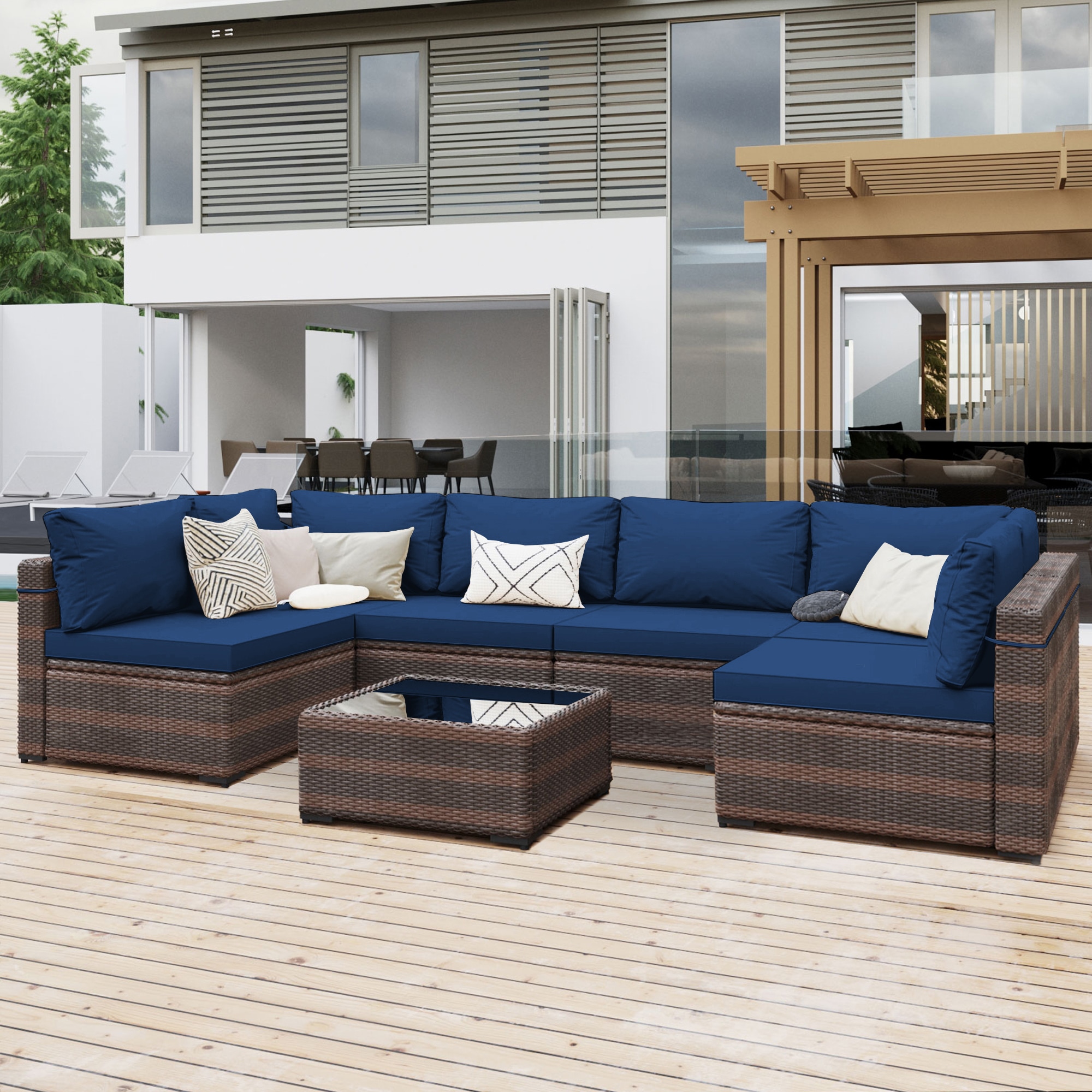 UPHA TBSF-ABC-NAVYBLUE 7 -Piece Rattan Patio Sofa Conversation Set with Navy Cushions