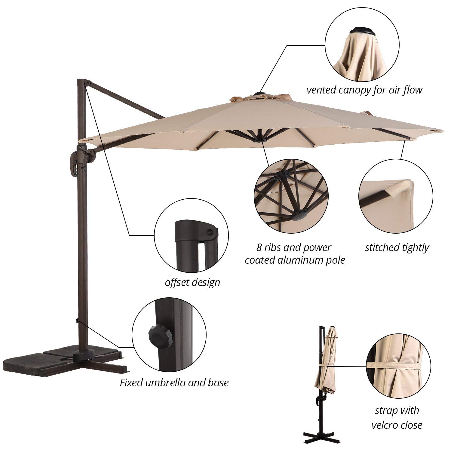 CASAINC 10-ft Champagne Crank Cantilever Patio Umbrella with Base at ...