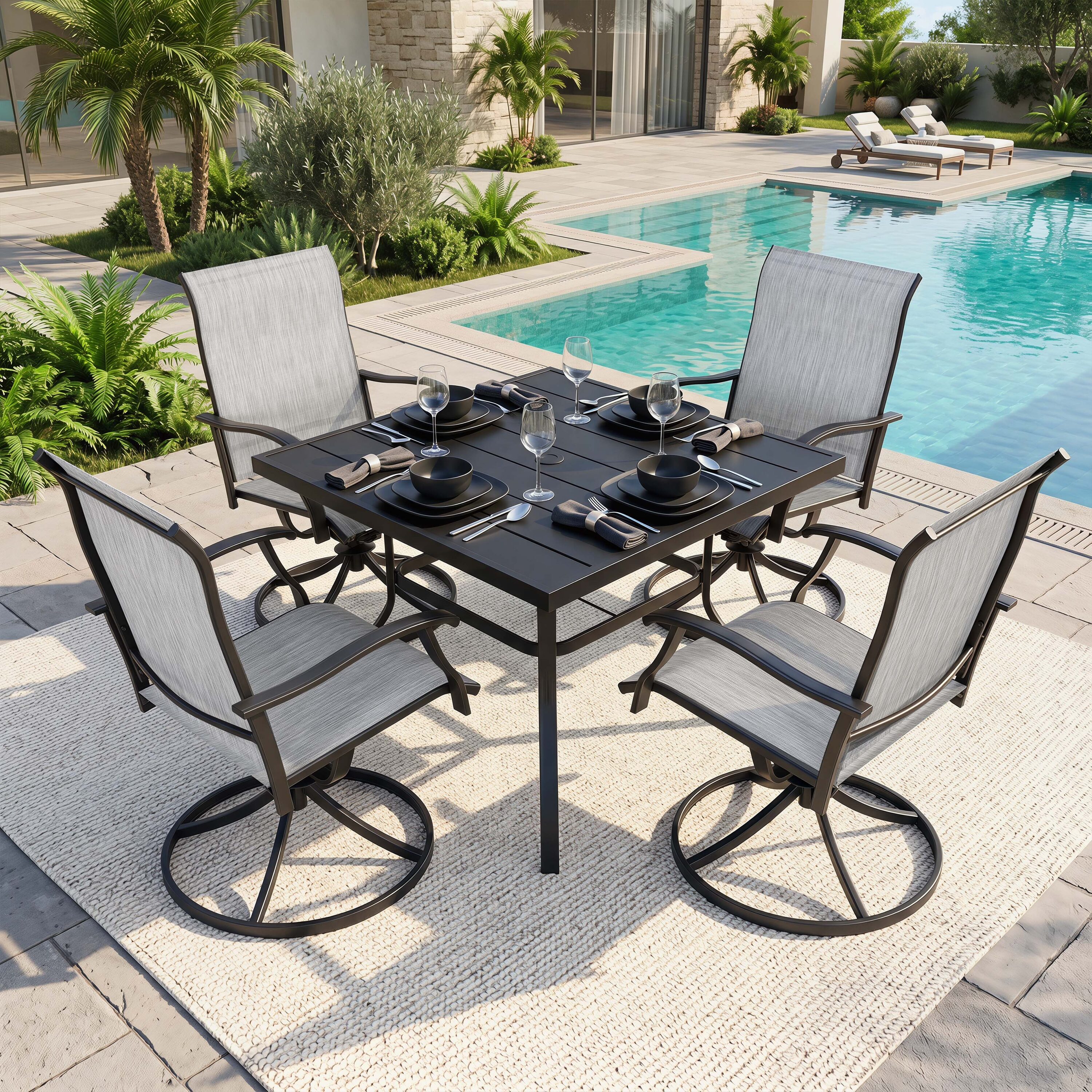 Nuu Garden SDS002SGR-501 5 -Piece Black Patio Dining Set Iron Square Table with 4 Gray Swivel Chairs