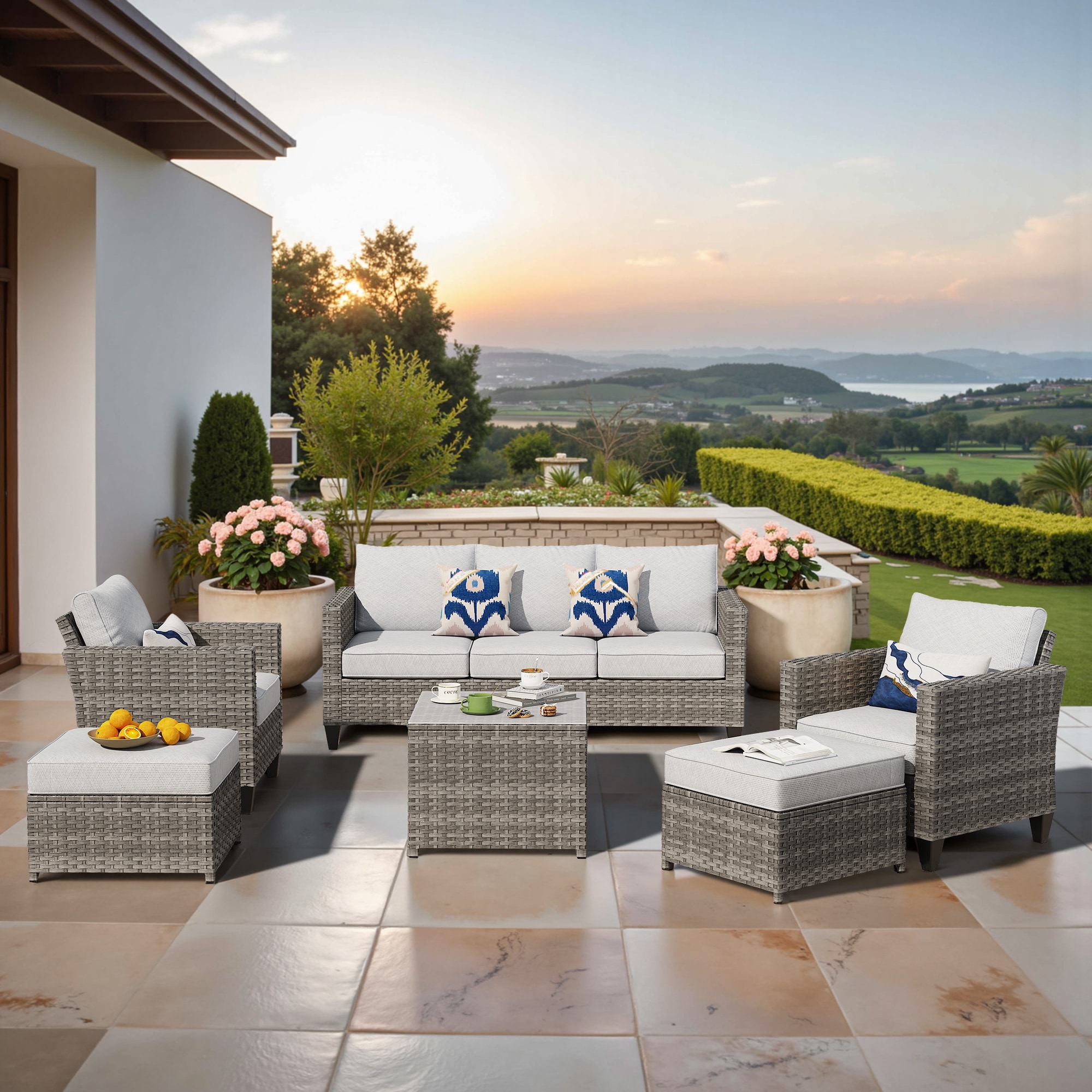 Pouuin SGR706 6 -Piece Wicker Patio Sofa Conversation Set with Gray Cushions