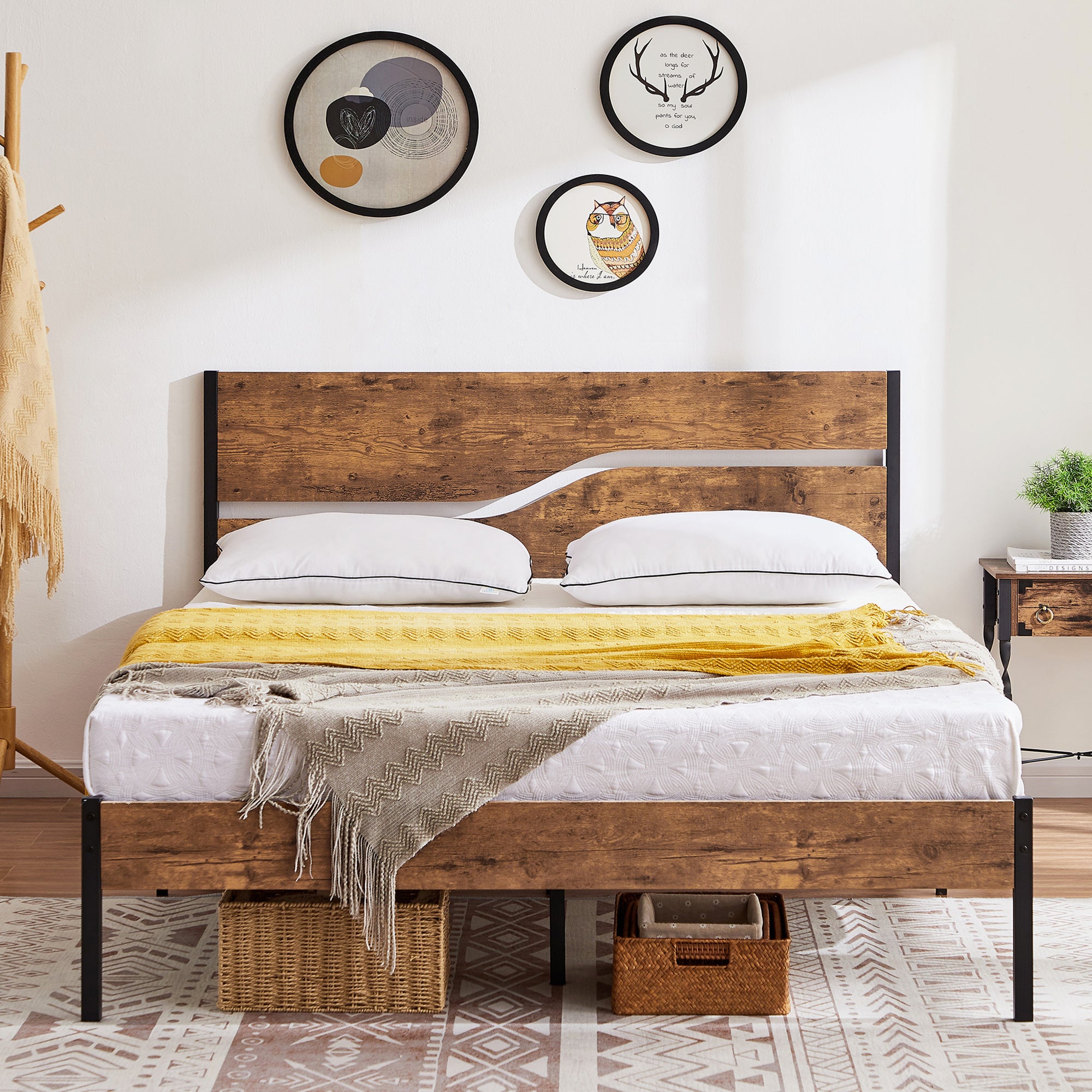 Vecelo LOE-BTJ-MBQ03-RBN Queen Size Metal Platform Bed Frame with Wooden Headboard Easy Assembly Brown