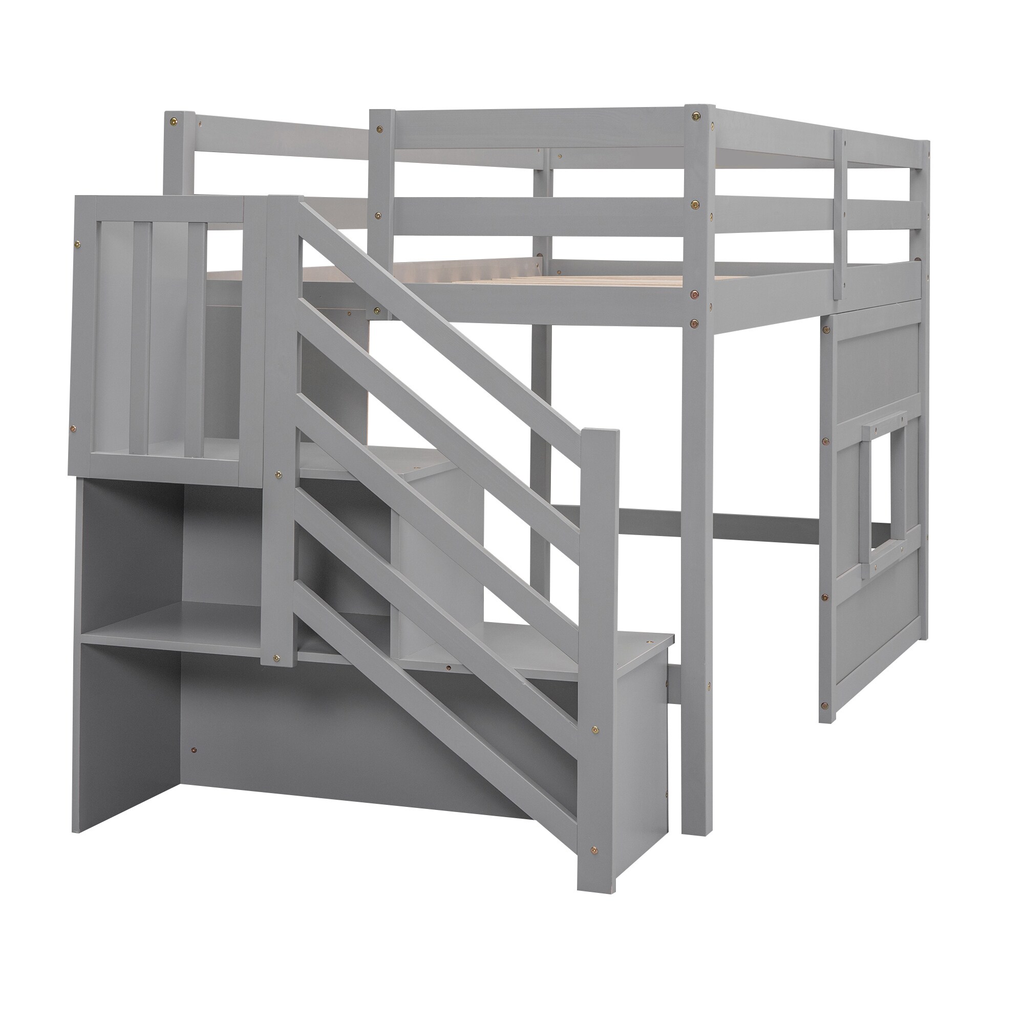 Dimakai Gray Twin Loft Bed - Storage Staircase Window and LED Light in ...
