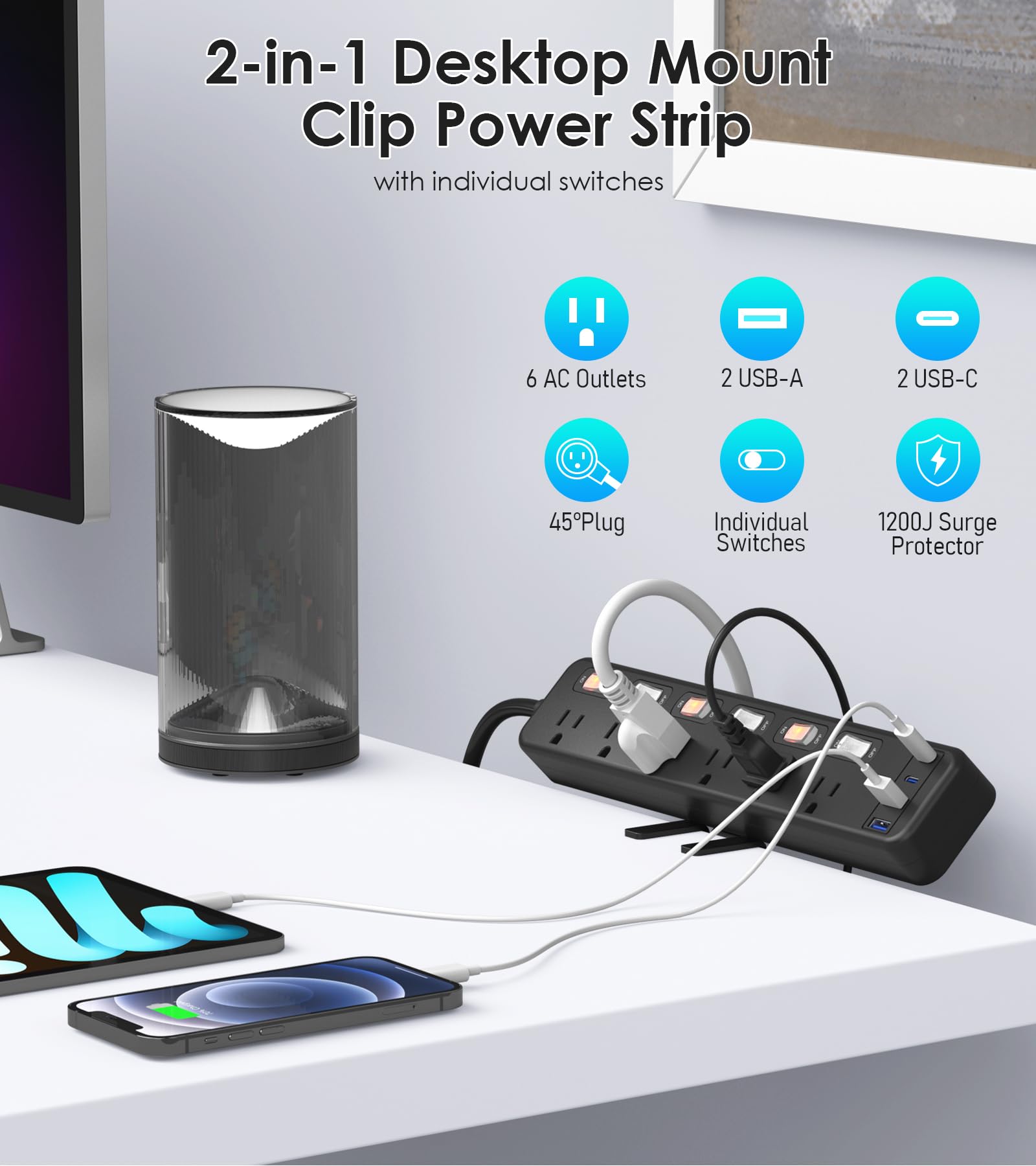 Phewnyzo Clamp Power Strip for Standing Desk with 20W USB C 6 Switches ...