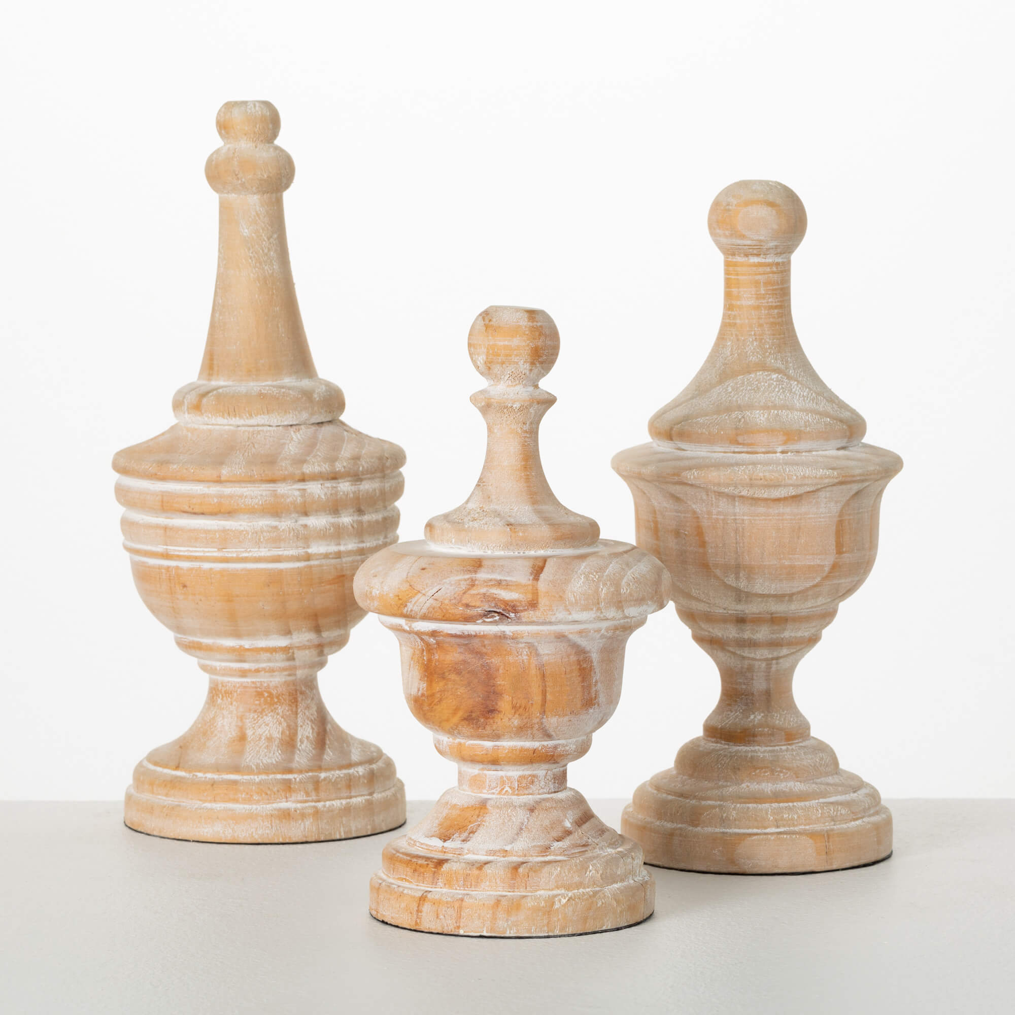 White Washed Natural Wood Finial Set of 3