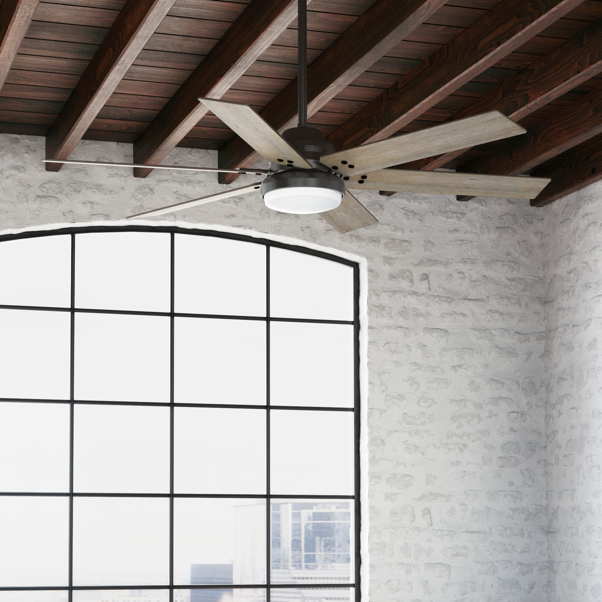 Hunter 51802 Presley 60-in Outdoor Noble Bronze with Barnwood/Grey Walnut Stripe Blades Ceiling Fan With Light - Remote Included ( 6 -Blade )