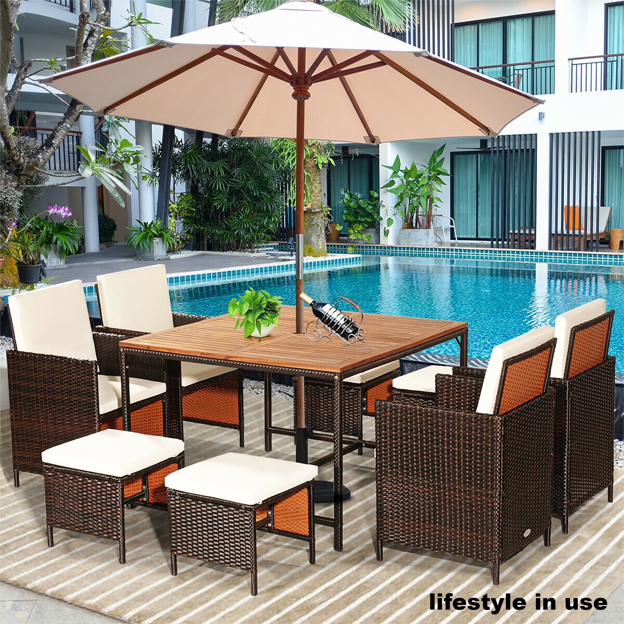 Forclover HYFW-674WH+ Patio Rattan Dining Cushioned Chairs Set 9 -Piece Mix Brown Wicker Patio Dining Set Wood Rectangle Table with 4 White Cushions Stationary Chairs