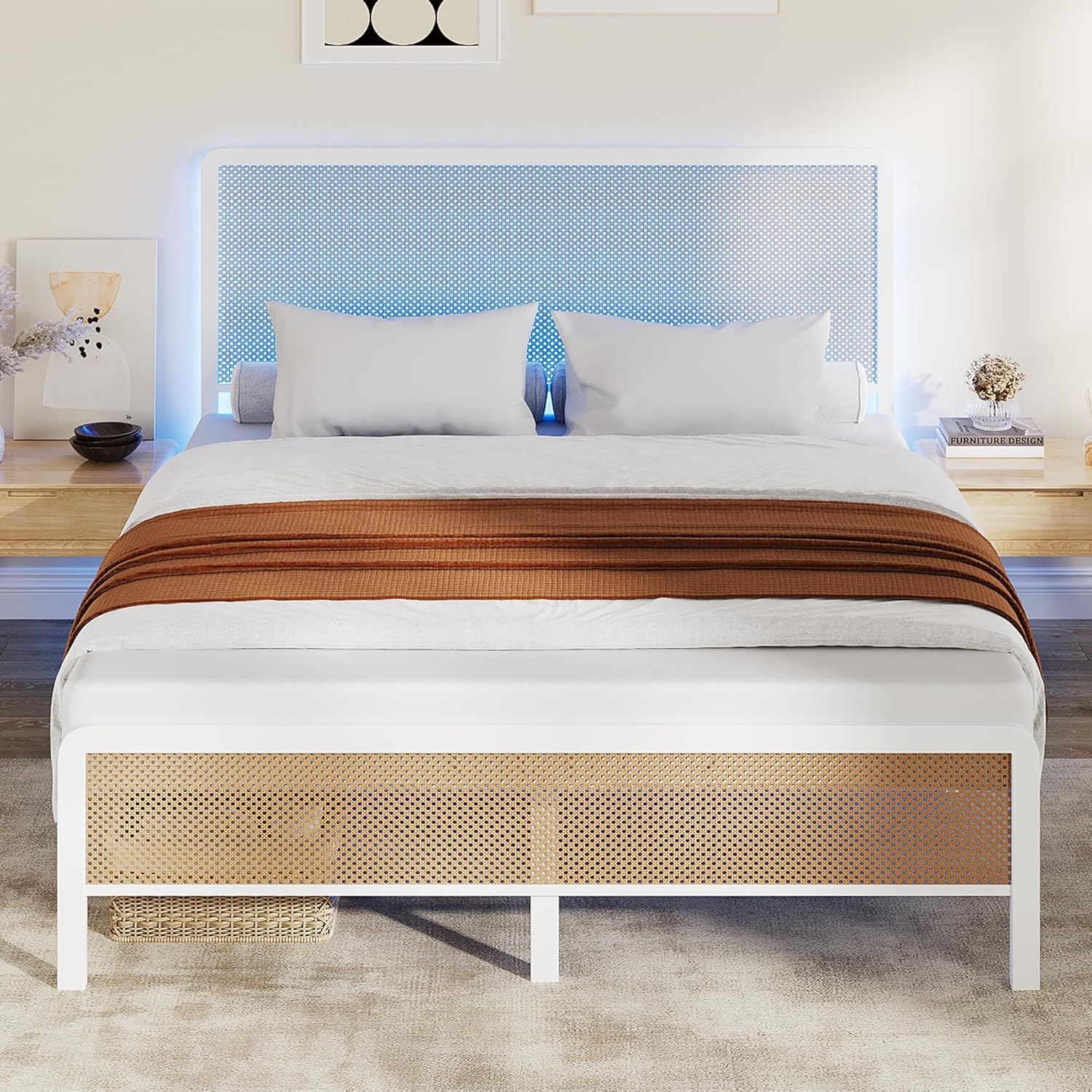 Qeetex LHF-BED-PHO-0ZWHH99S Queen Rattan Bed Frame with Headboard LED Lights and Footboard Heavy Duty Metal Platform Bed Frame with Storage Easy Assembly No Box Spring Needed Mattress Foundation White