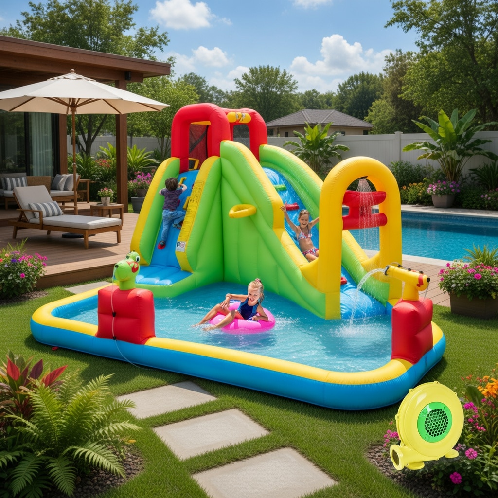 VERYKE Outdoor Inflatable Water Bounce House with 480W Blower 157.5 x 132 x 90.5 Splash Park for Kids Ages 3 10 Oxford Cloth Mesh Safety Walls Quick Inflate Includes Blower and Repair Kit