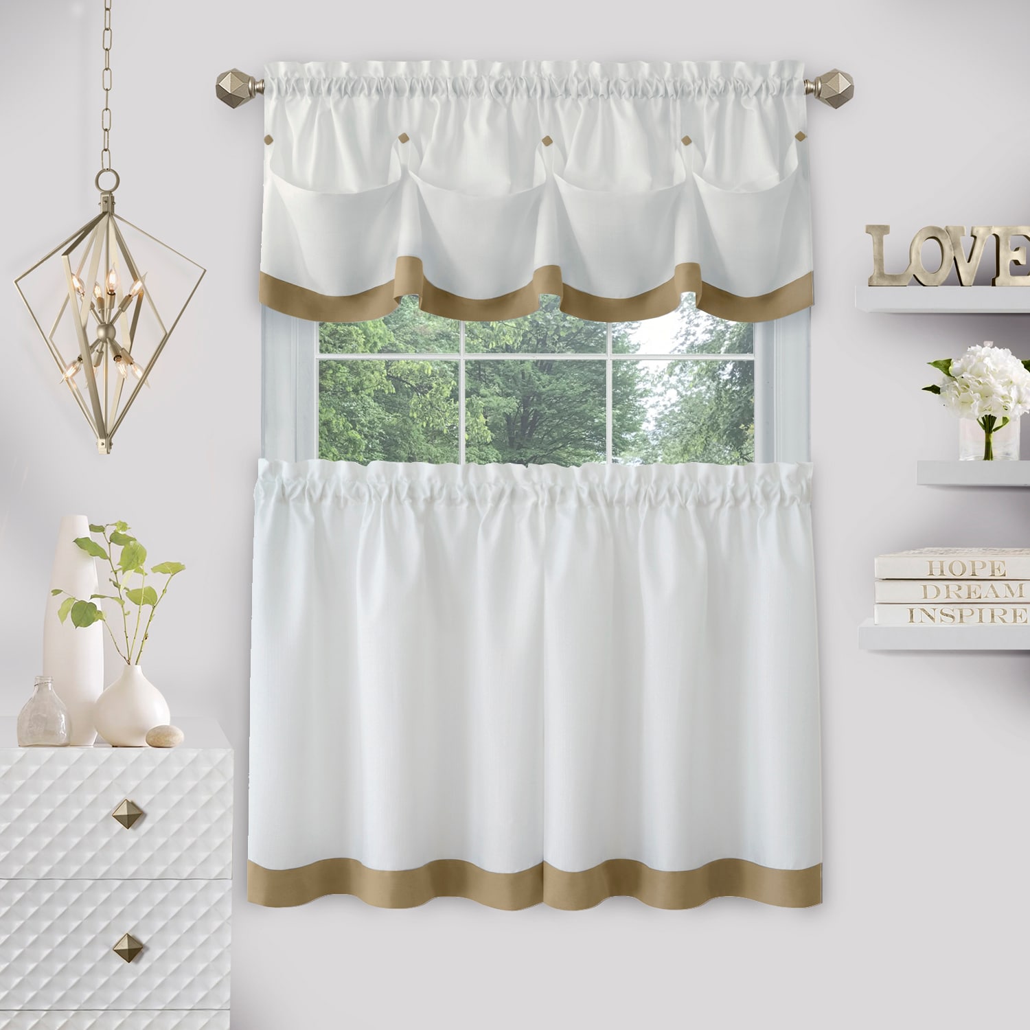 Achim Lana 24-in Tan Polyester Rod Pocket Valance and Tier Set in 