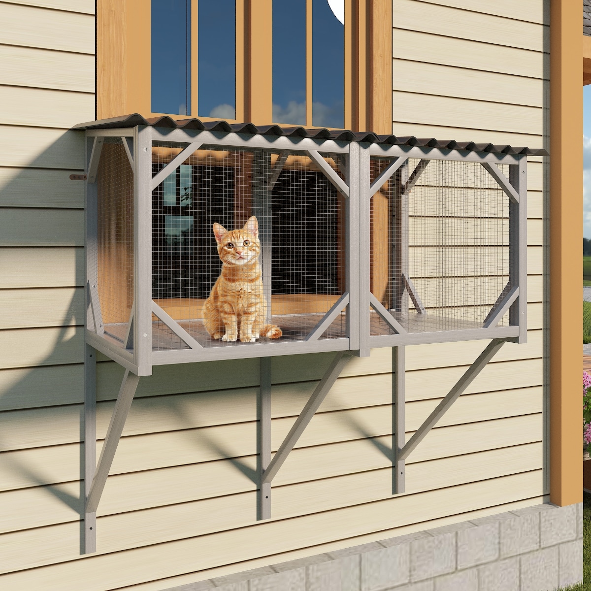 Loheer Cat Window Perch 43.3-in W Solid Fir Wood Catio Outdoor Enclosure