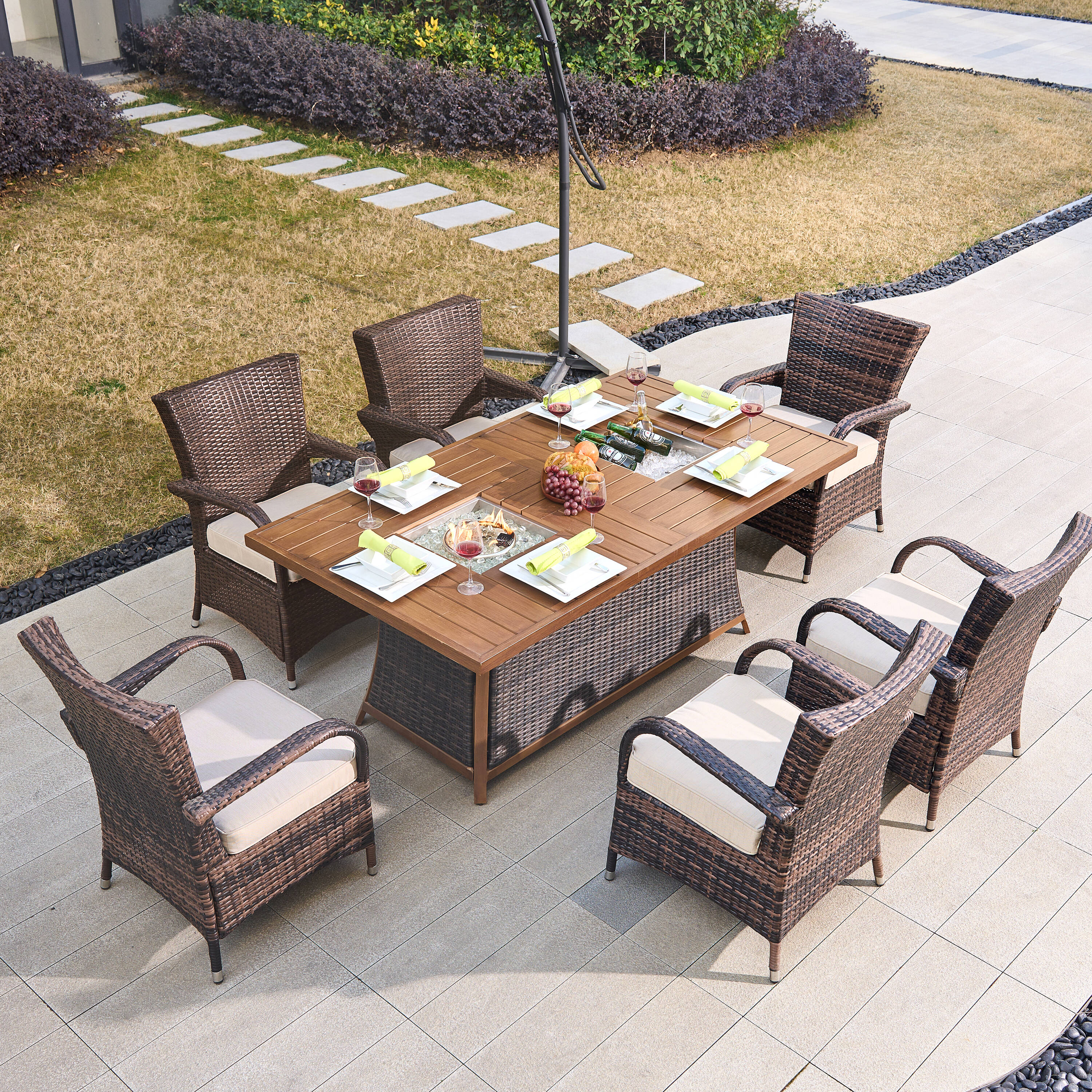 Moda Furnishings MAG-1106FI-1123-B Belle 7 -Piece Brown Wicker Patio Dining Set Wicker Rectangle Table with 6 Beige Cushions Stationary Chairs Fire Pit Included
