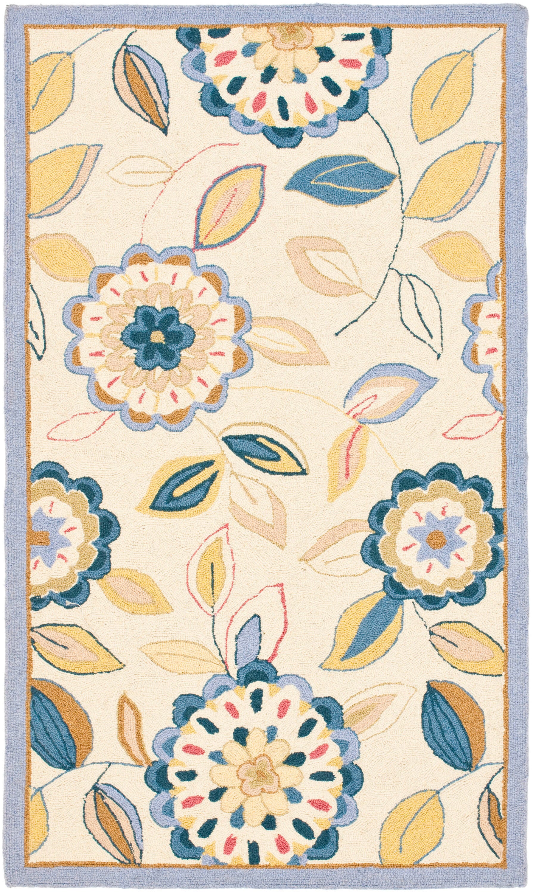 Ivory and Blue Floral Hand-Hooked Wool Circle Area Rug