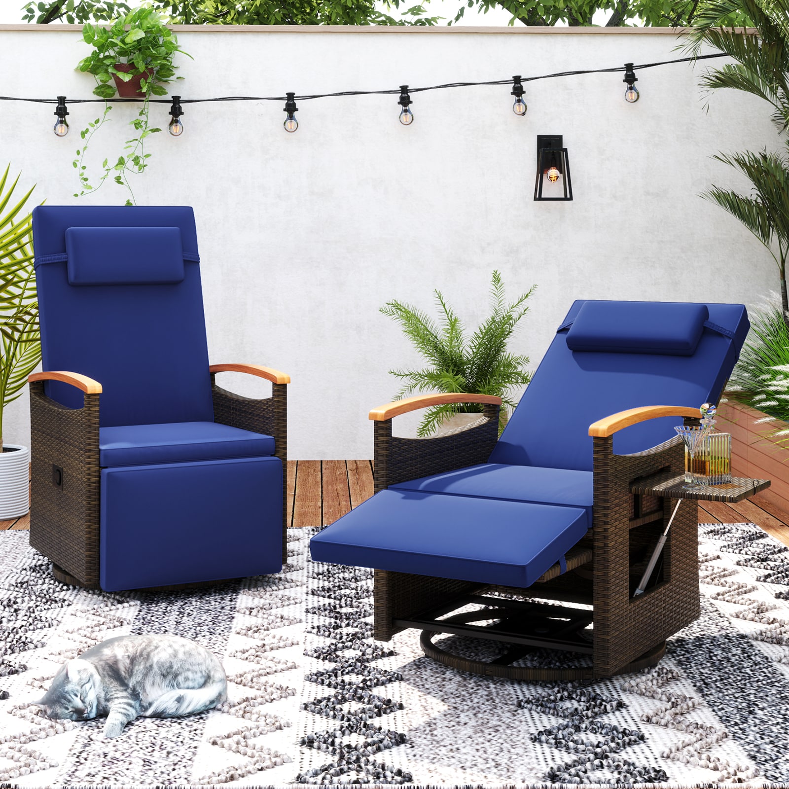 SUGIFT - Patio Rattan Swivel Recliner 360-Degree with 150-Degree Backrest Footrest Side Table and...