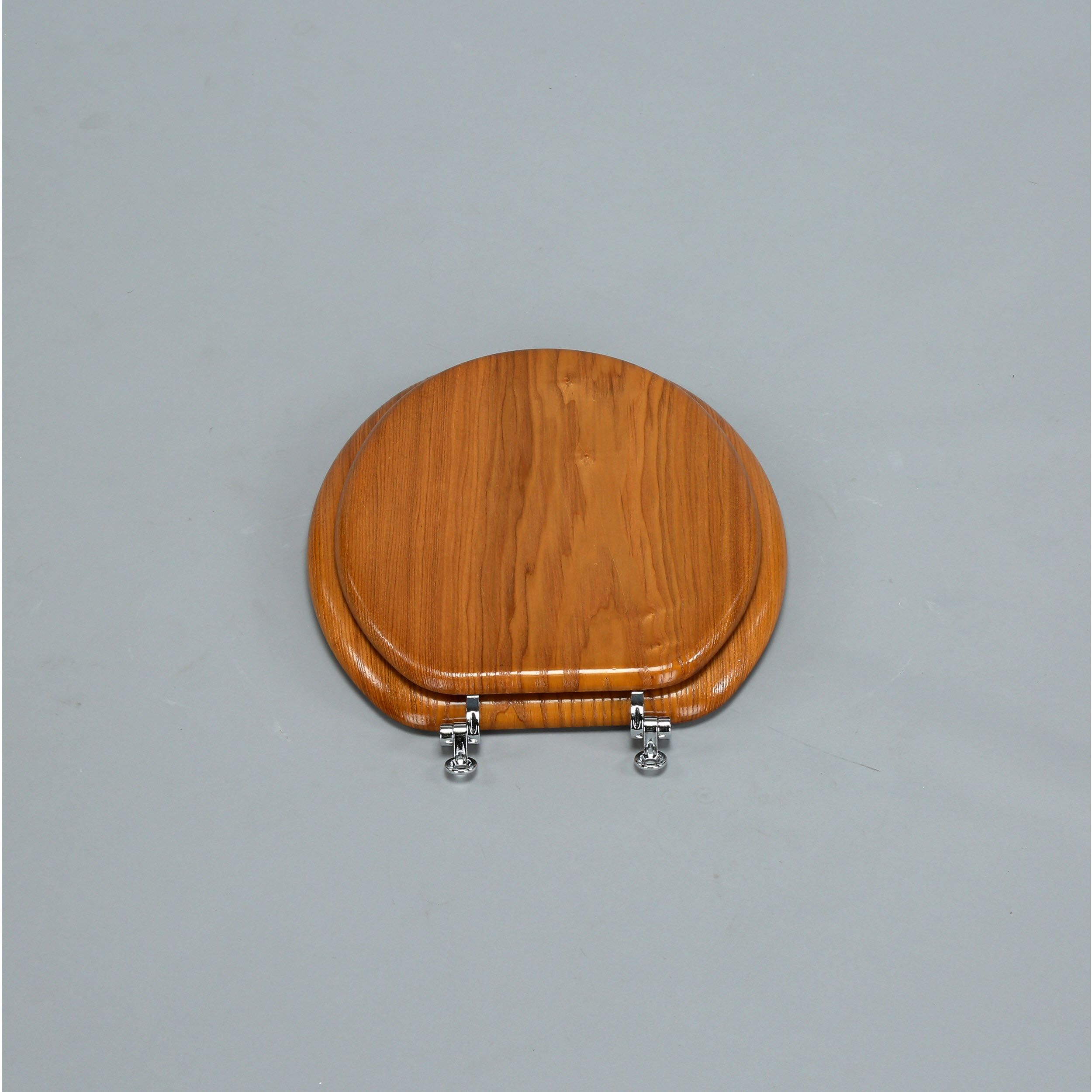 Molded Wood Round Toilet Seat Oak veneer finish Chrome hinges AquaSource 