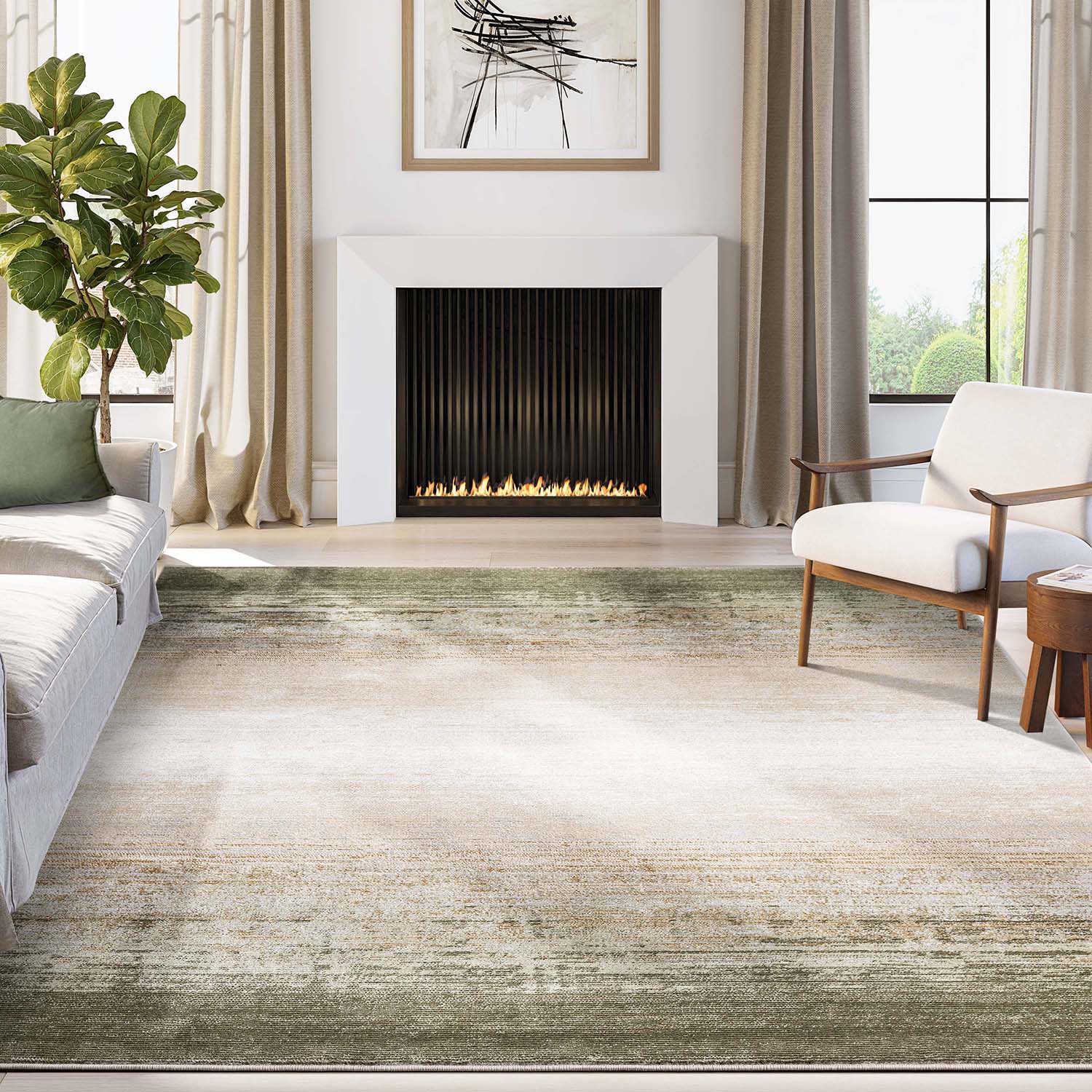 Ivy 8 x 10 (ft) Loomed Polypropylene Green/Beige Rectangular Indoor Stripe Machine Washable Area rug