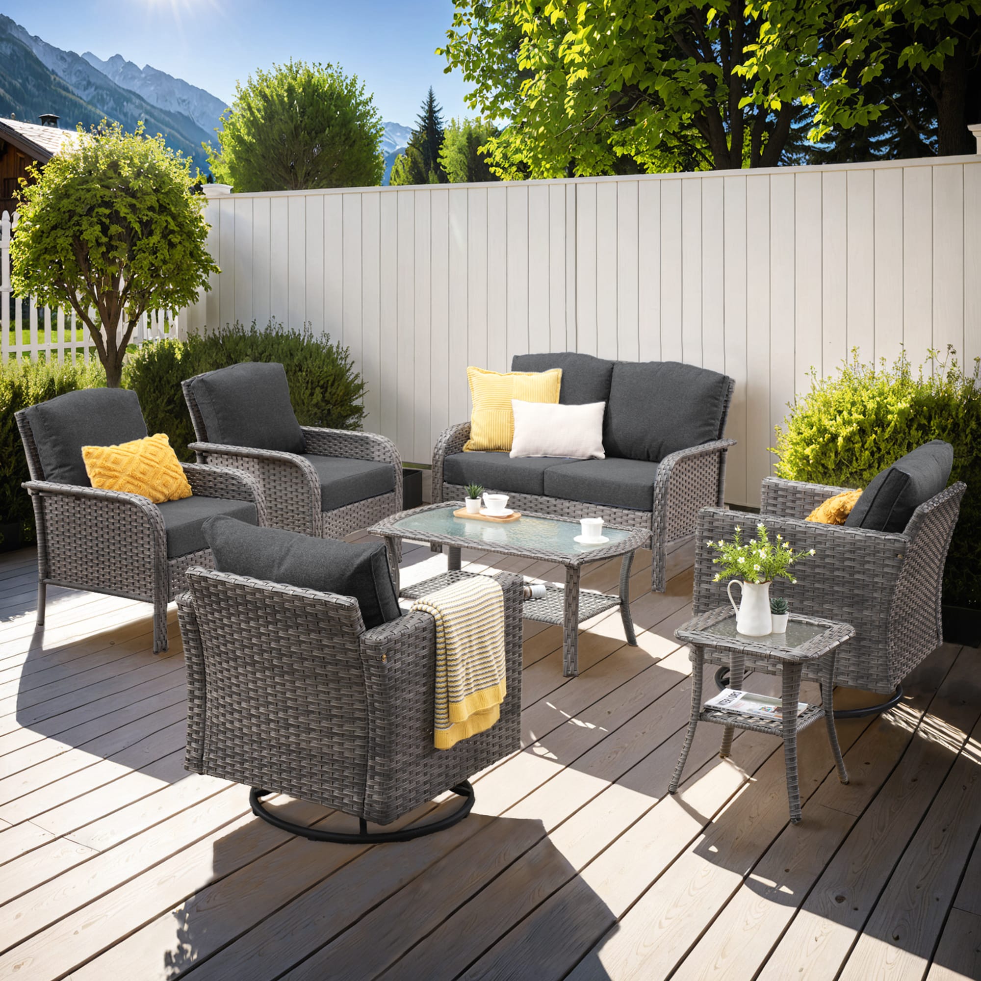 weaxty HTNDSYZGRS107 Initial 7 -Piece Wicker Patio Conversation Set with Black Cushions