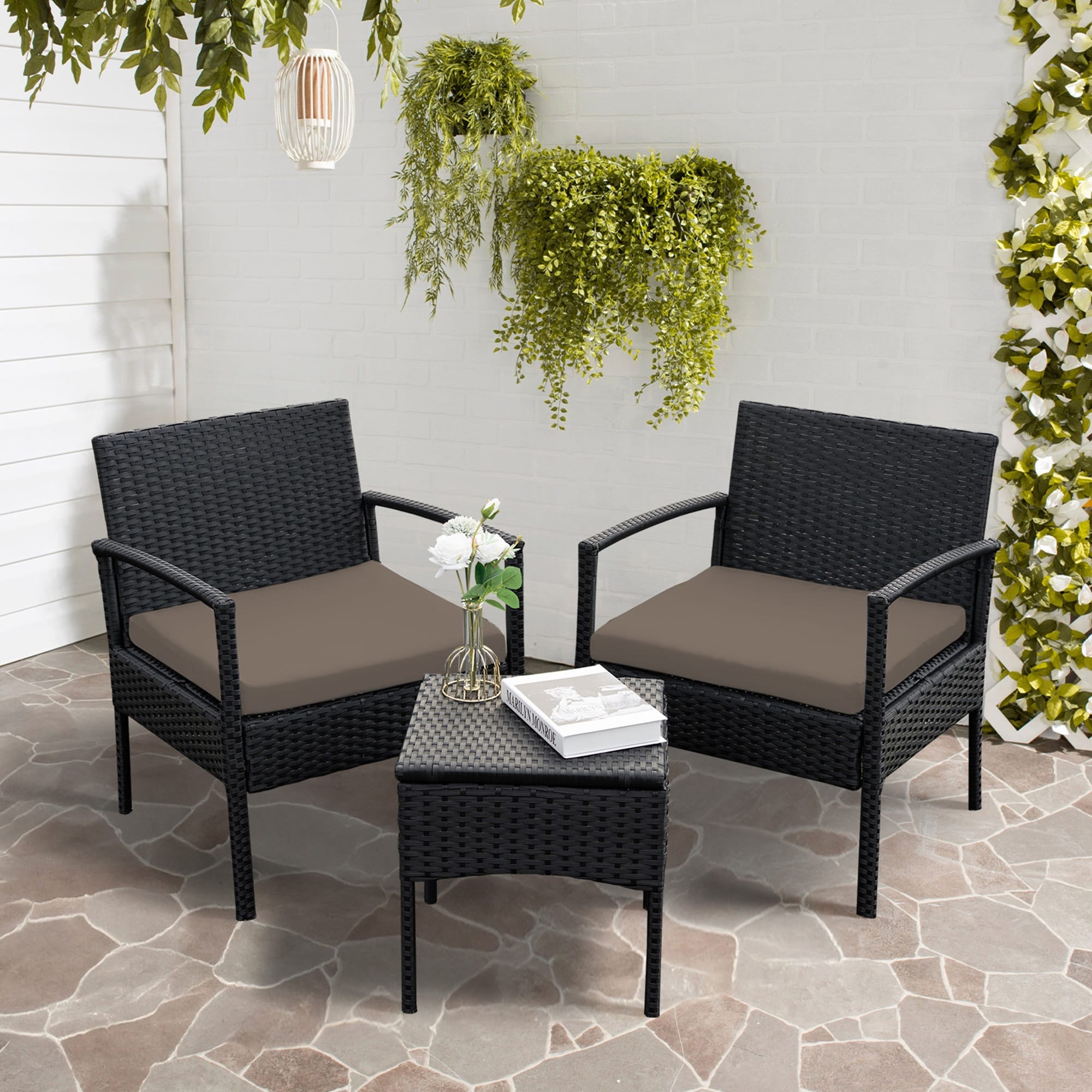 Grearden LS-HZ012-SD 3 -Piece Wicker Patio Conversation Set with Brown Cushions