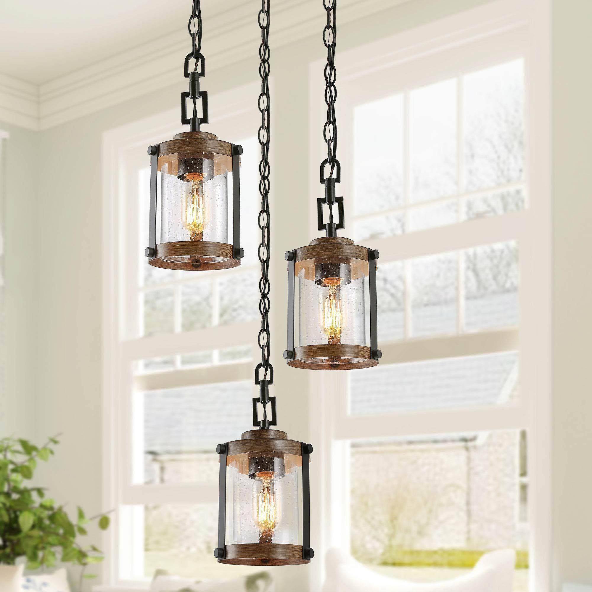 LNC Roth 1 -Light Matte Black and Wood Tone Farmhouse Rustic Seeded glass Cage Cylinder Mini Hanging Kitchen Island Light